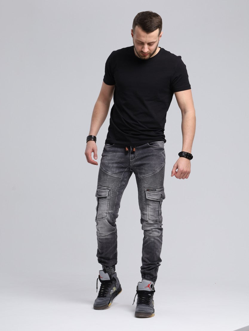 CD446 Jeans slim pour homme avec bordures élastiques à l'ourlet
