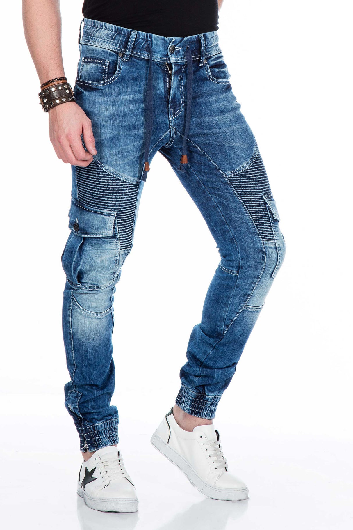 CD446 Jeans slim pour homme avec bordures élastiques à l'ourlet