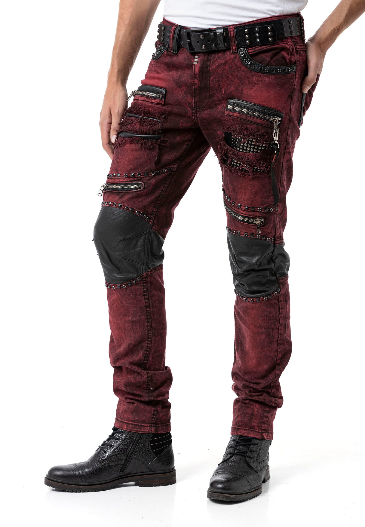 CD481 jeansy męskie z zamkami i nitami