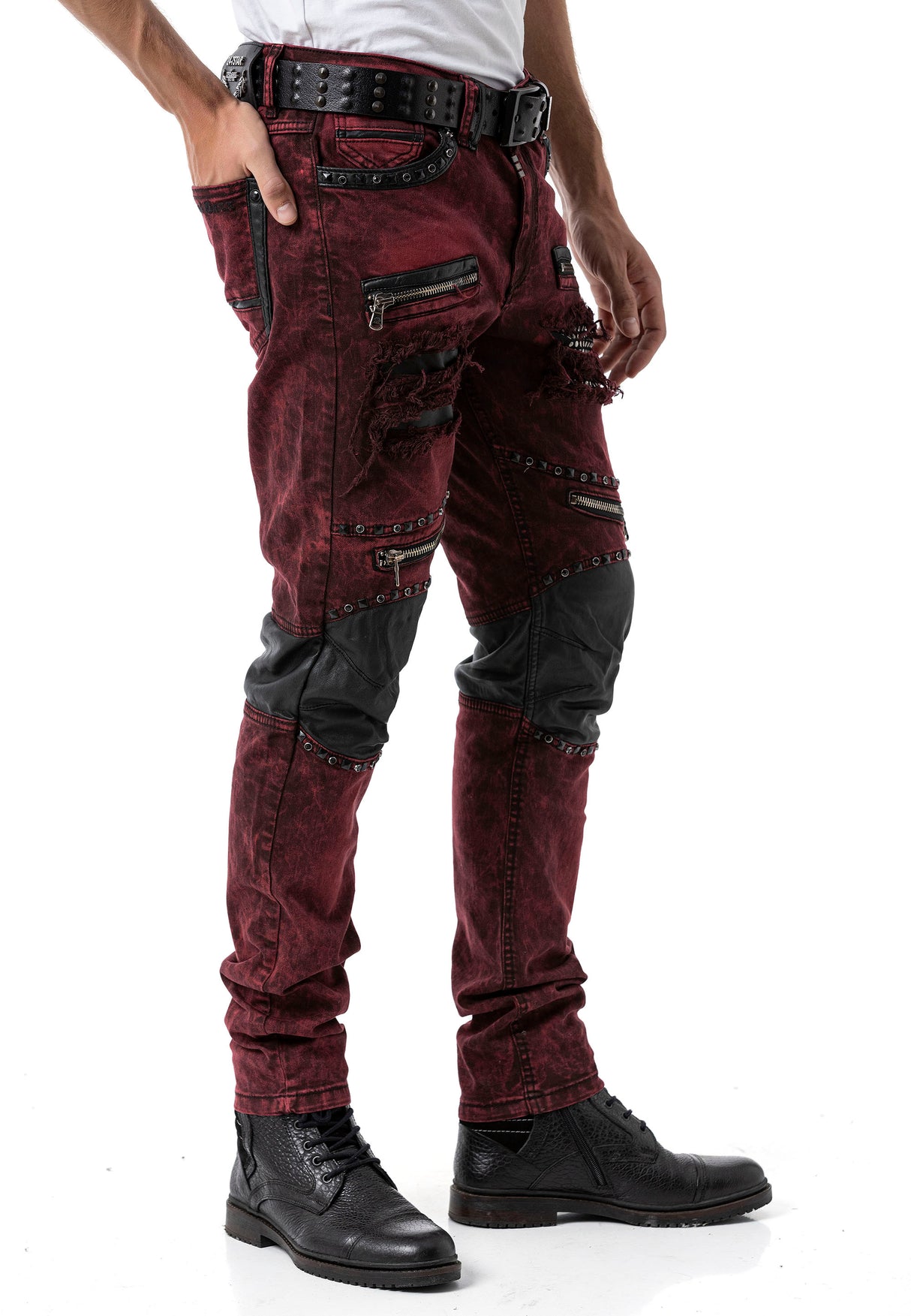 CD481 jeansy męskie z zamkami i nitami