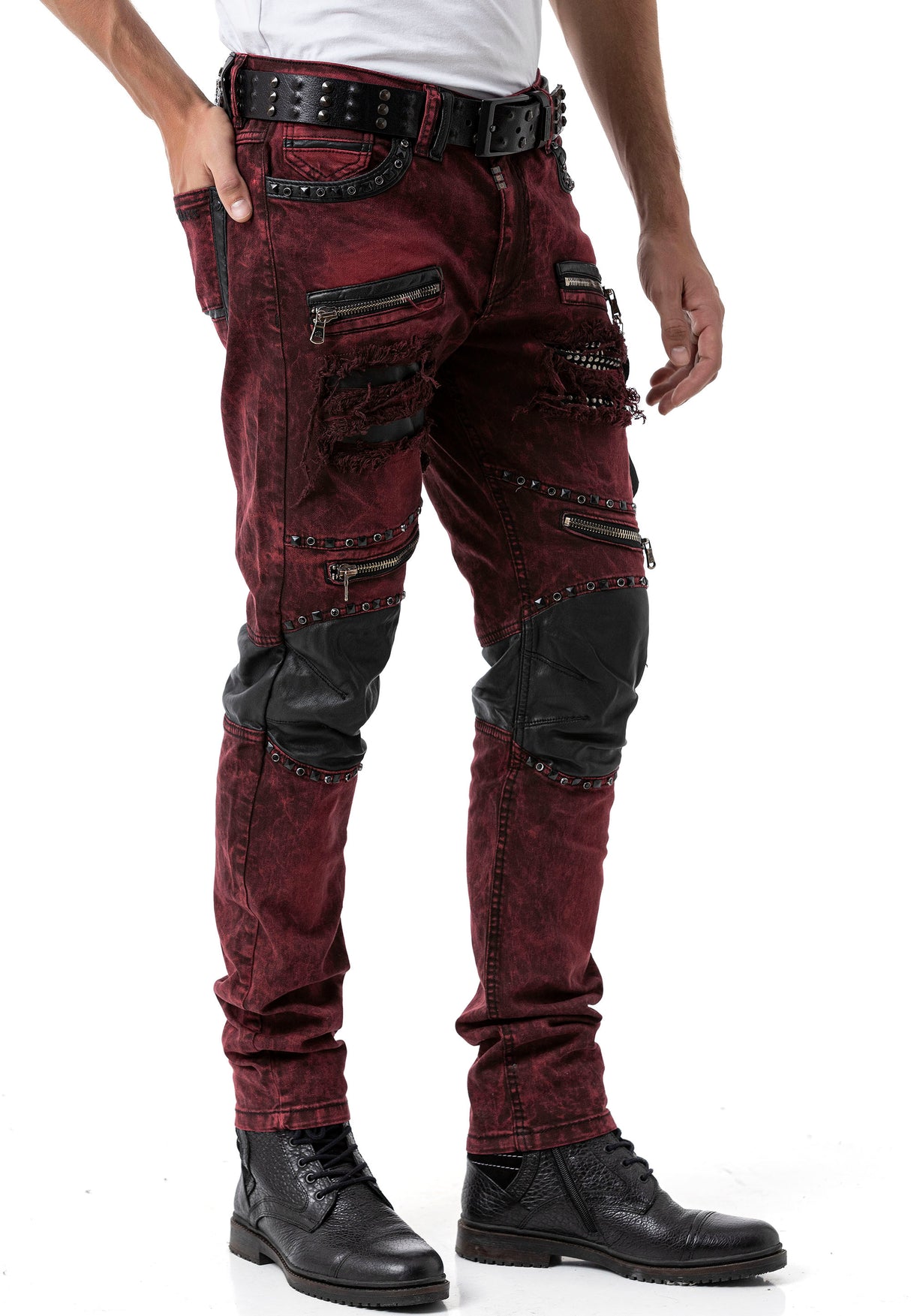 CD481 jeansy męskie z zamkami i nitami
