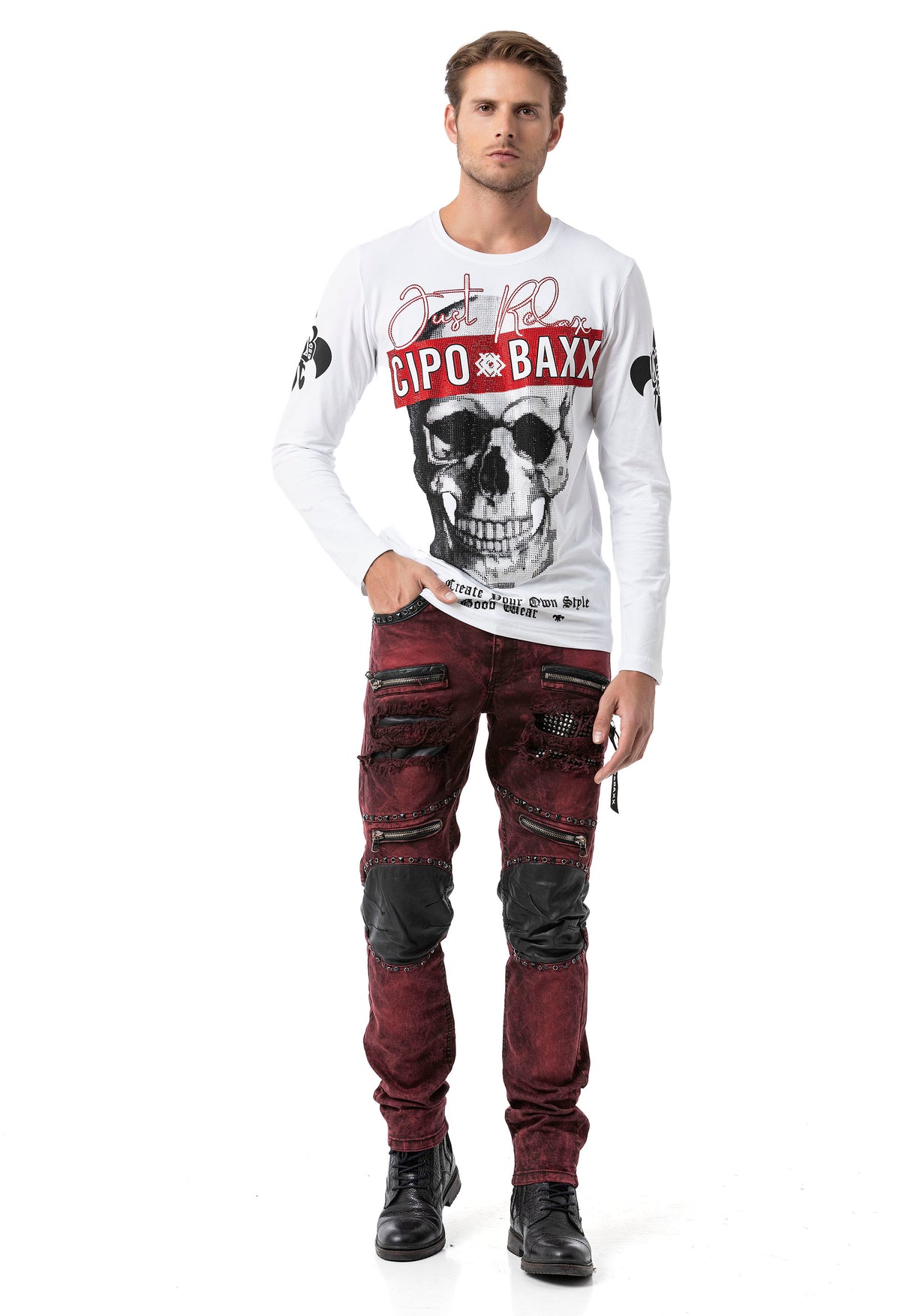 CD481 jeansy męskie z zamkami i nitami