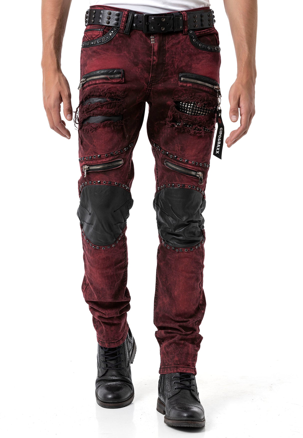 CD481 jeansy męskie z zamkami i nitami