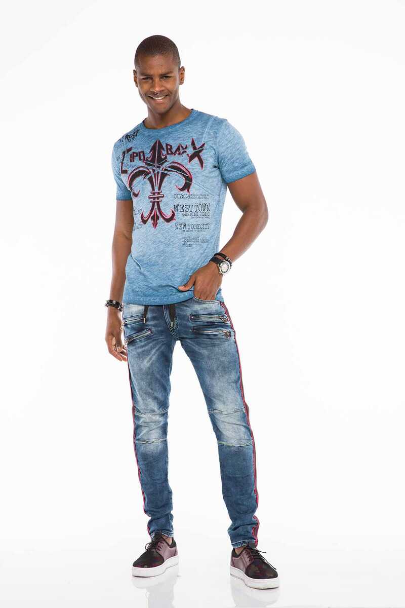 CD504 jeansy slim fit z ozdobnym stanem i lampasem