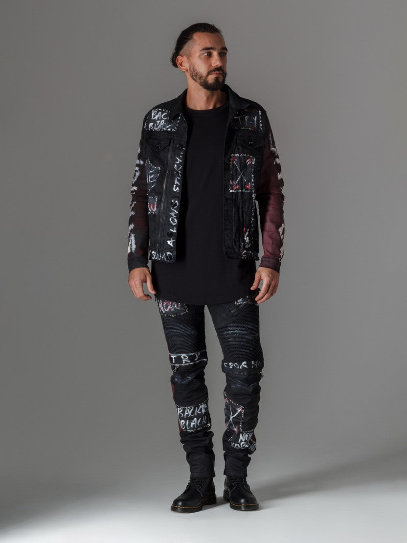 CD571 jeansy z farbą i napisami