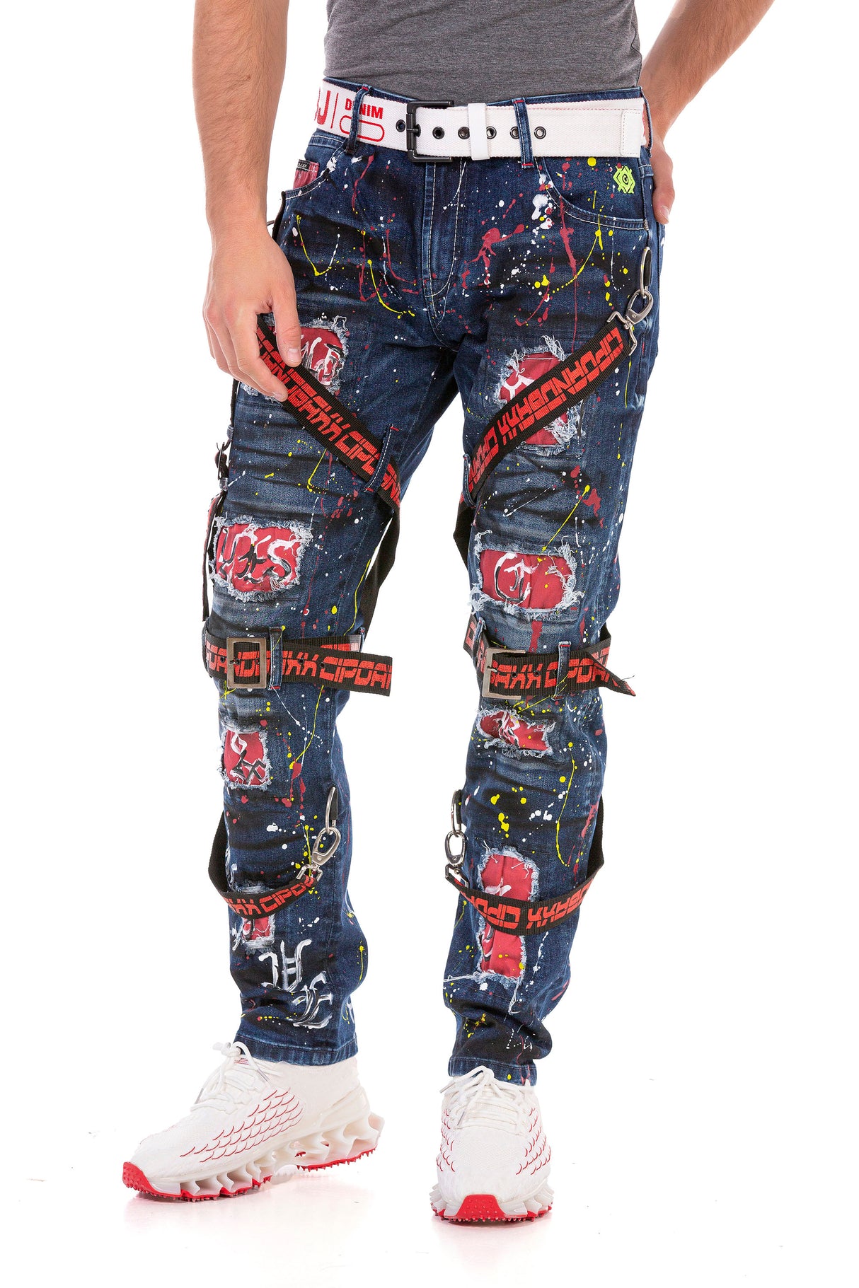 CD716 Herren Biker Jeans-Freizeithose im speziellen Design mit bunten Nieten