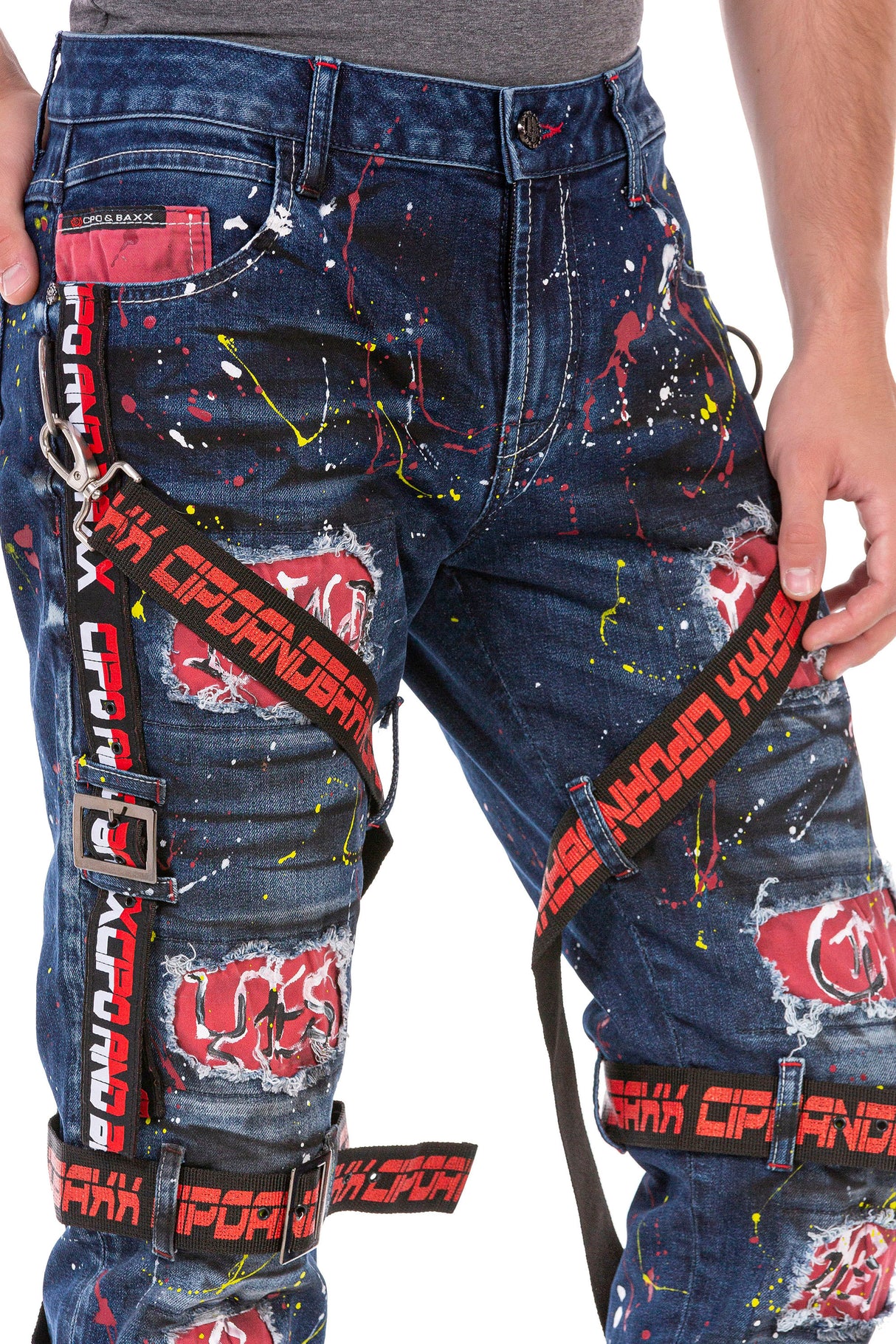 CD716 Herren Biker Jeans-Freizeithose im speziellen Design mit bunten Nieten