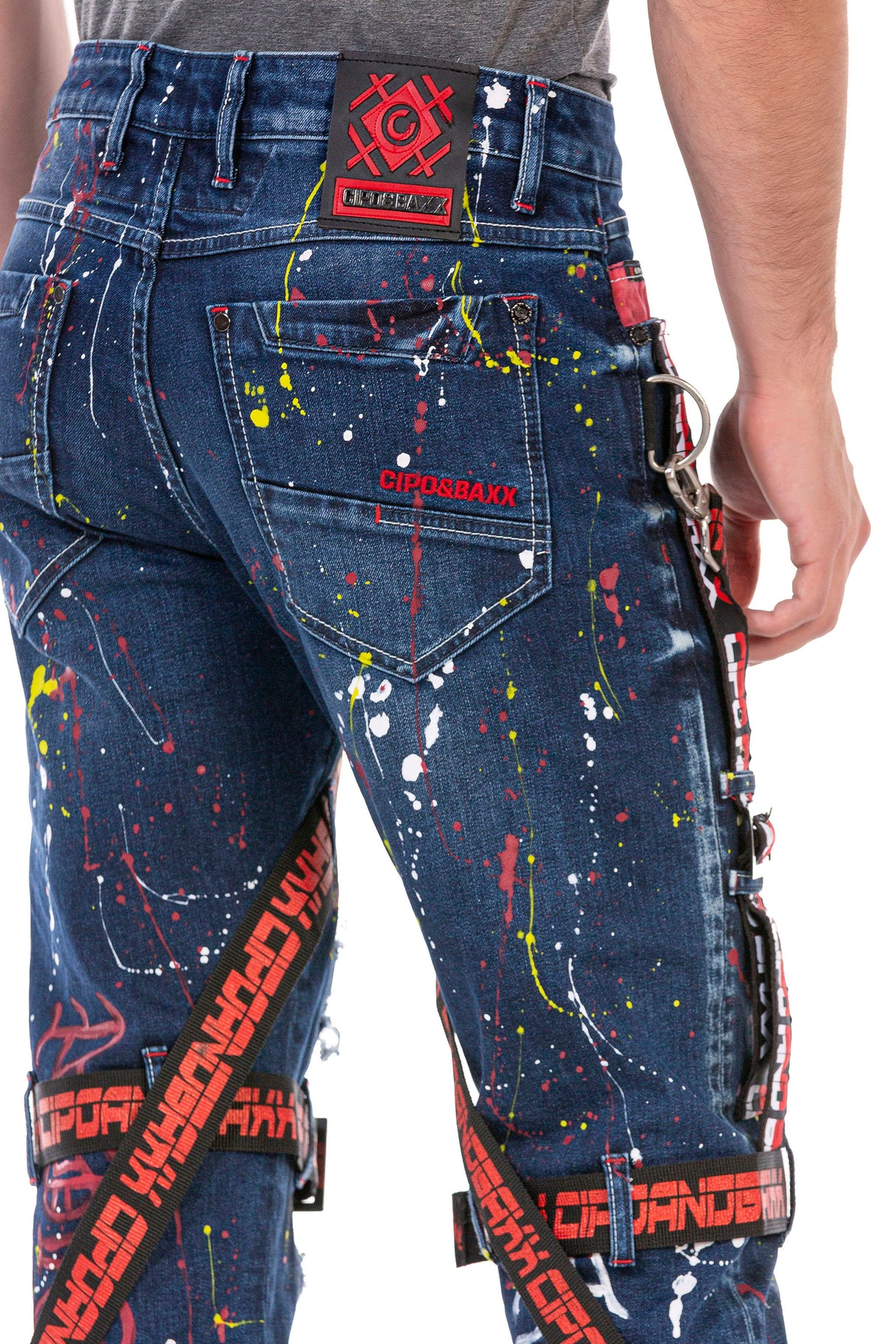 CD716 Herren Biker Jeans-Freizeithose im speziellen Design mit bunten Nieten
