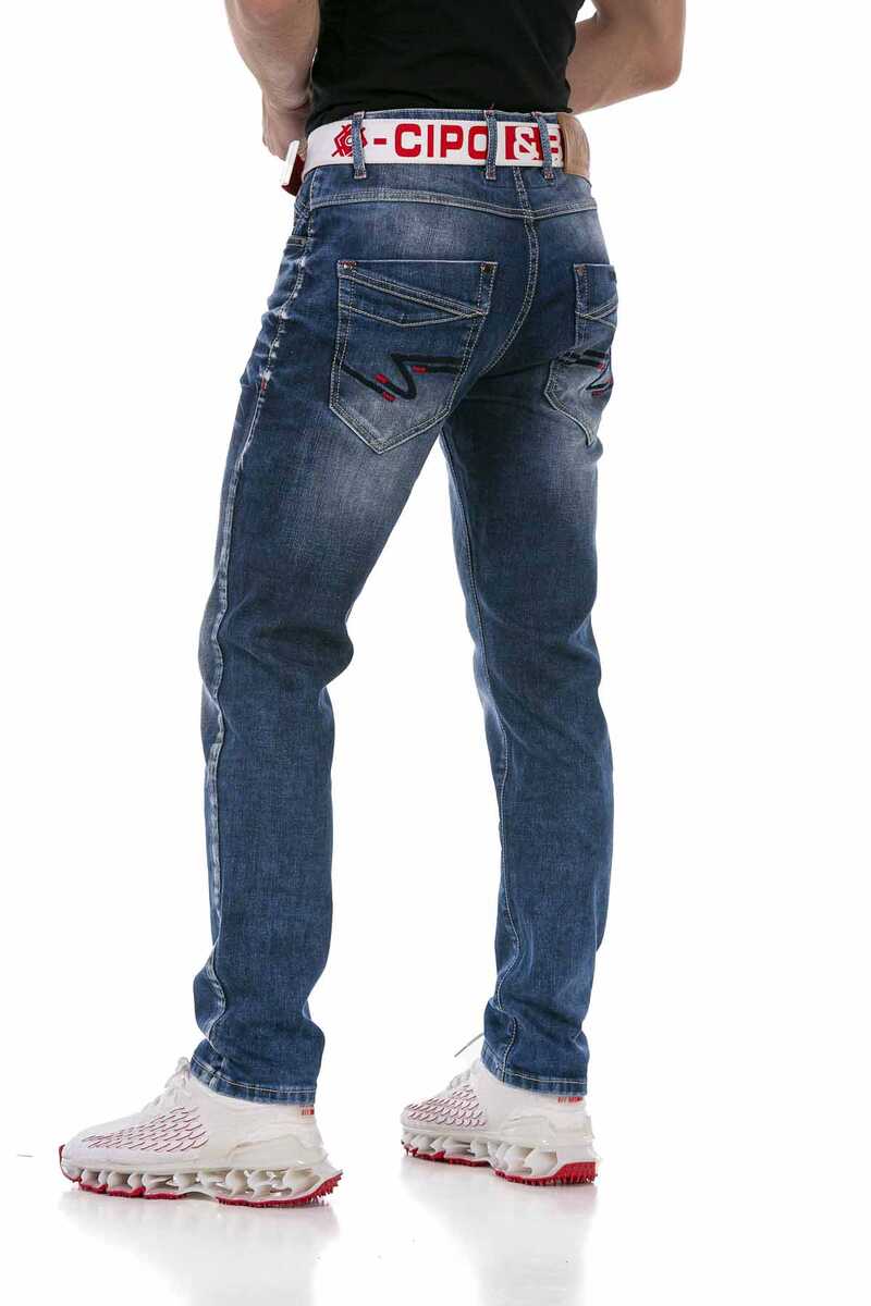 CD717 jeansy proste z haftem na kieszeniach