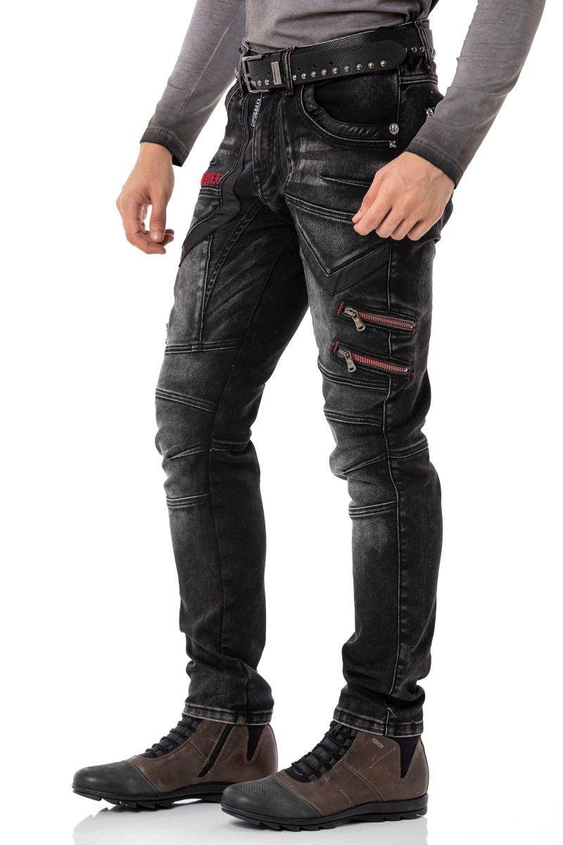 CD795 jeansy z haftowanymi elementami w stylu biker