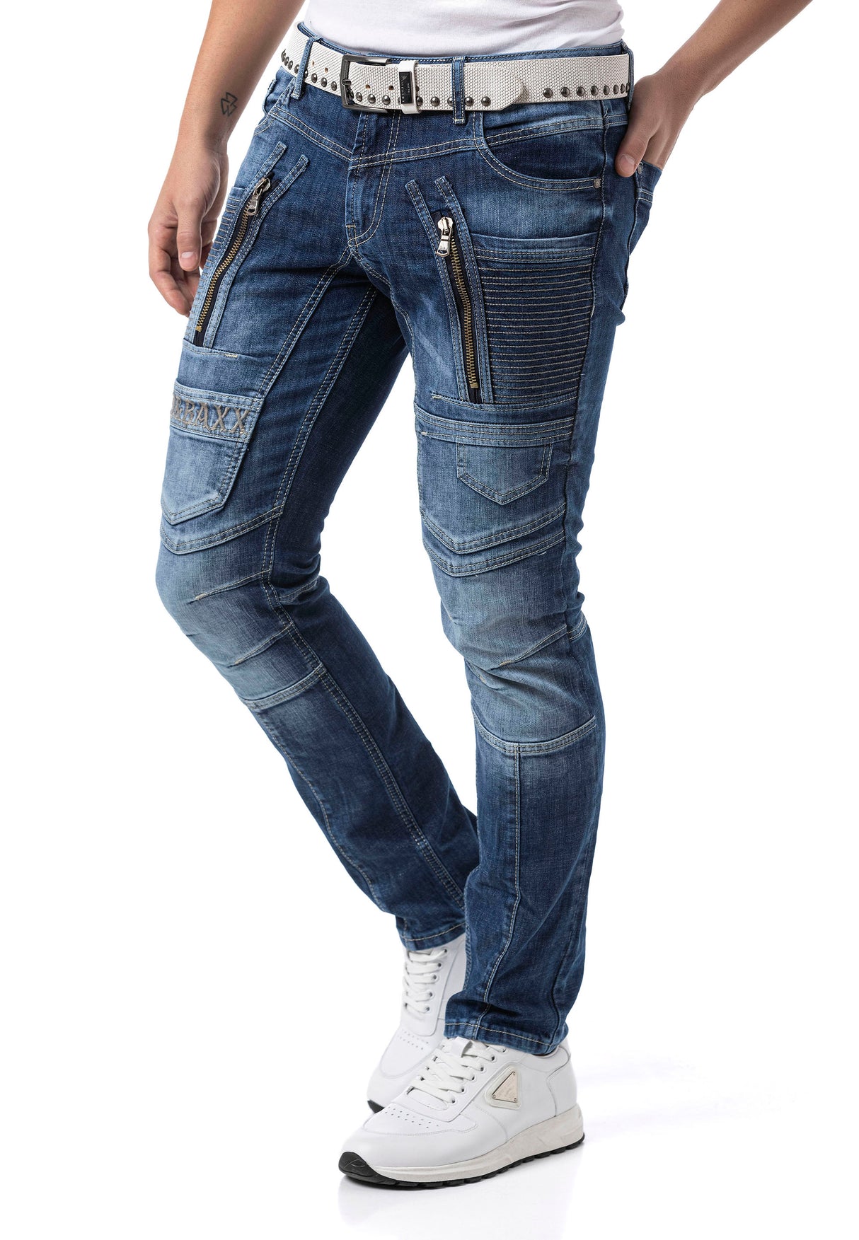 CD844 jeansy w motorowym stylu