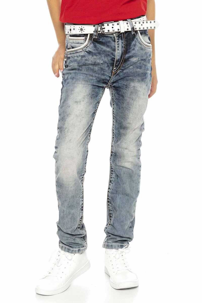 CDK101 Jungen Jeans – Regular Fit in Blau mit Used-Waschung & Kontrastnähten | Strapazierfähige Denimhose für Schule & Freizeit