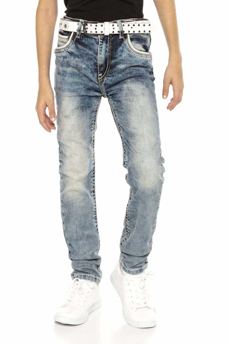 CDK101 Jungen Jeans – Regular Fit in Blau mit Used-Waschung & Kontrastnähten | Strapazierfähige Denimhose für Schule & Freizeit