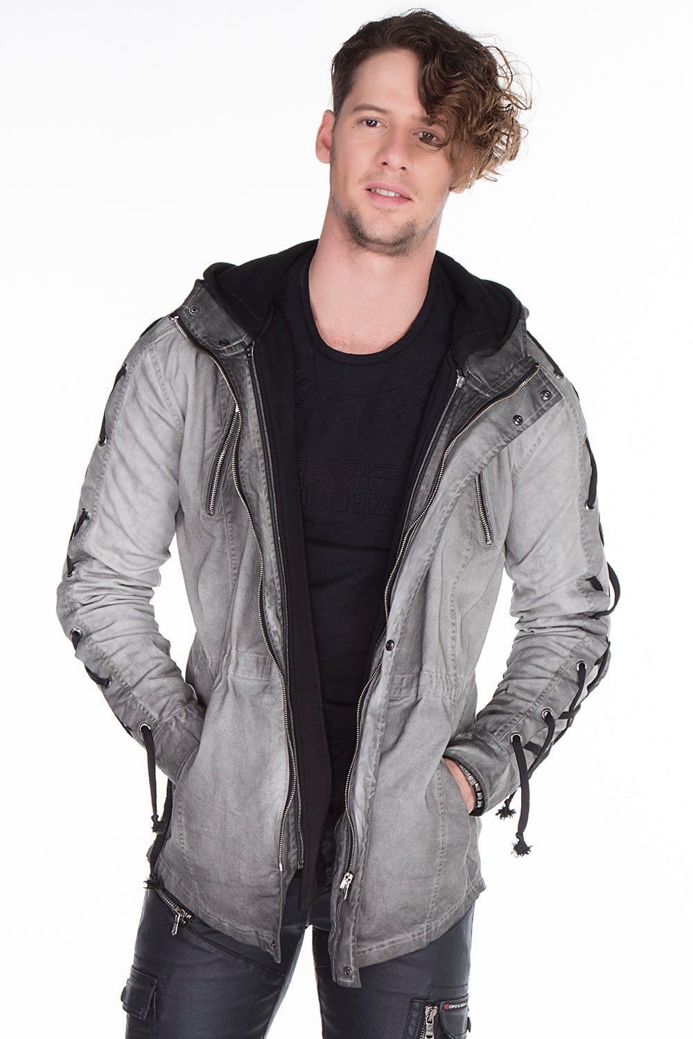 CJ183 Herren Winterjacke – Urbaner Denim-Look mit Schnürdetails & Kapuze