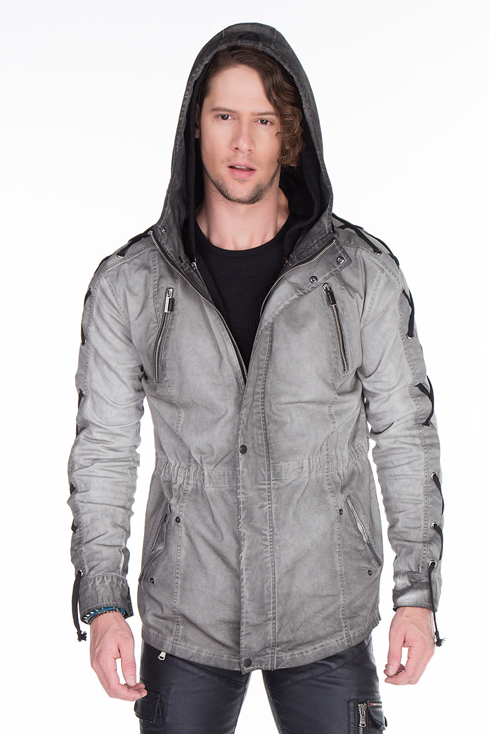 CJ183 Herren Winterjacke – Urbaner Denim-Look mit Schnürdetails & Kapuze