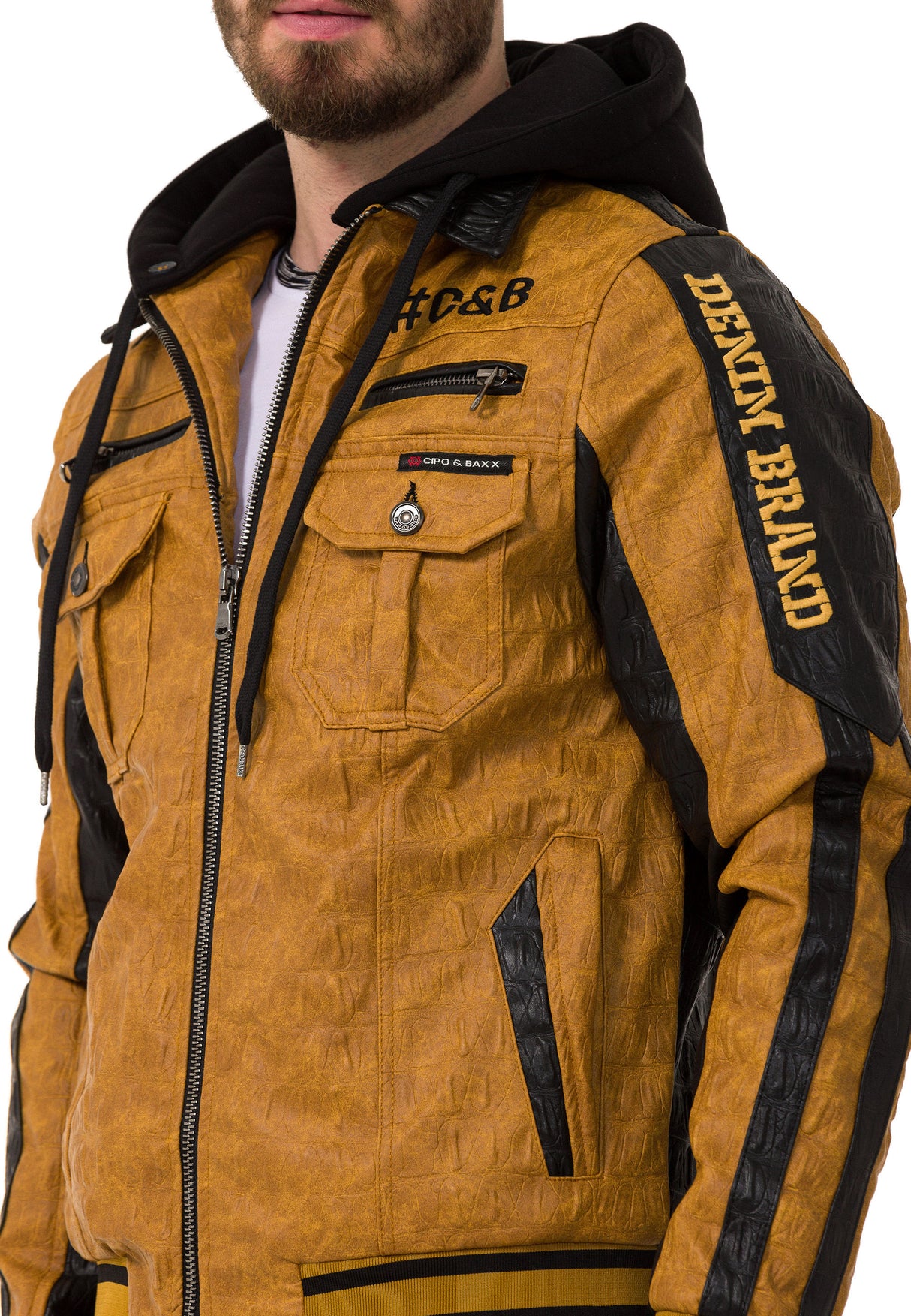 CJ284 kurtka męska ze sztucznej skóry z kapturem