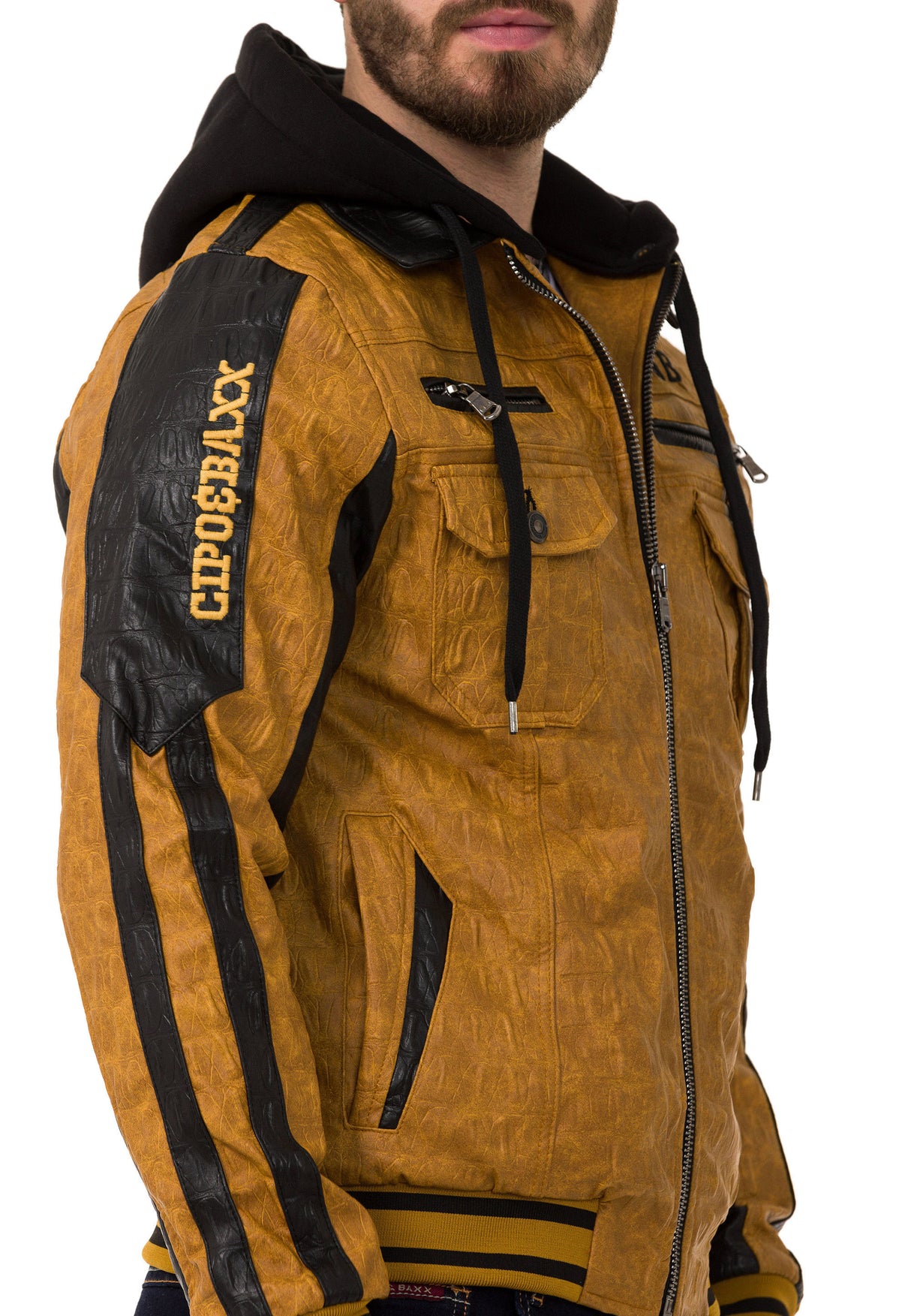 CJ284 kurtka męska ze sztucznej skóry z kapturem