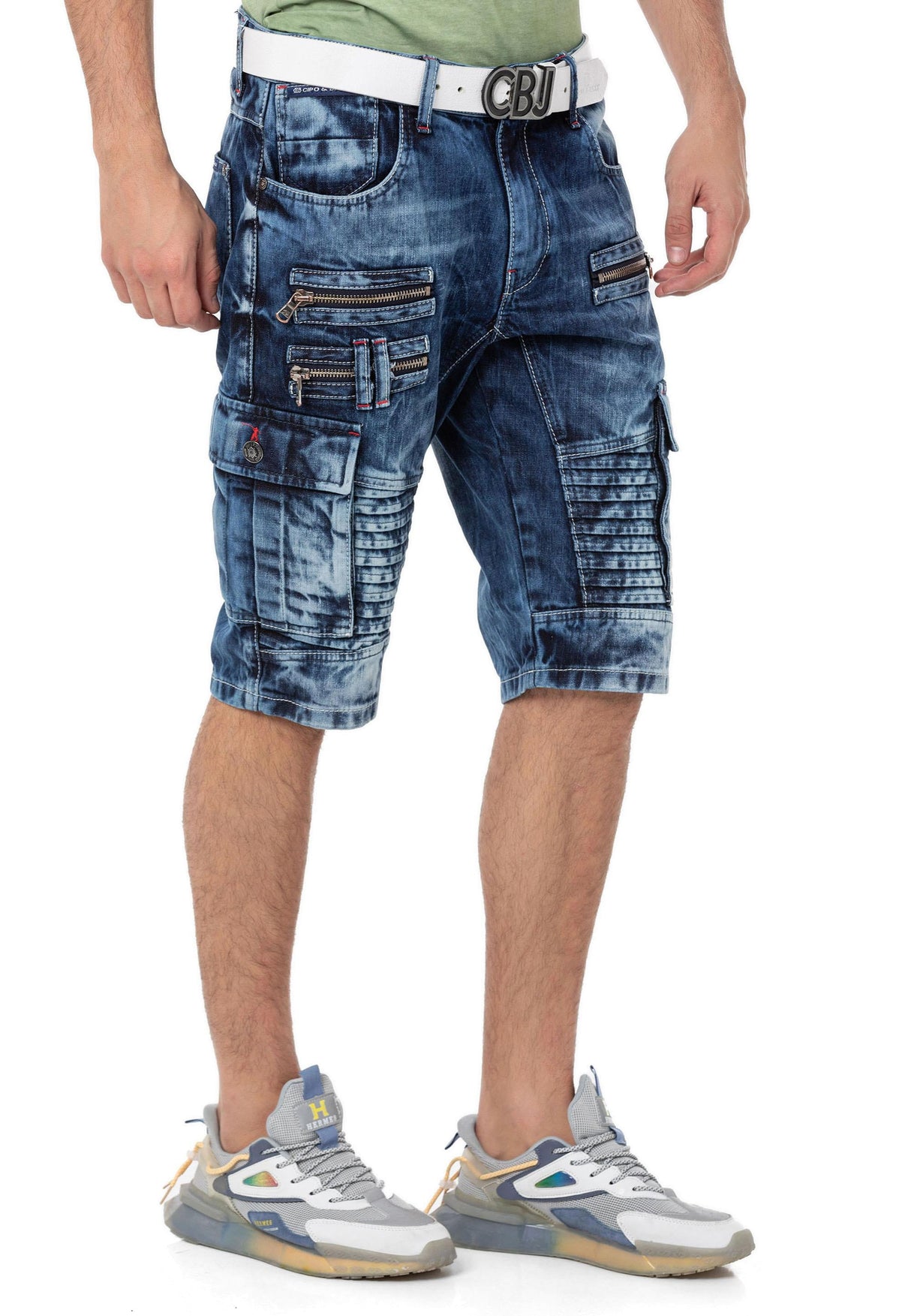 CK295 Hombres pantalones cortos de mezclilla con bolsillos tipo cargo