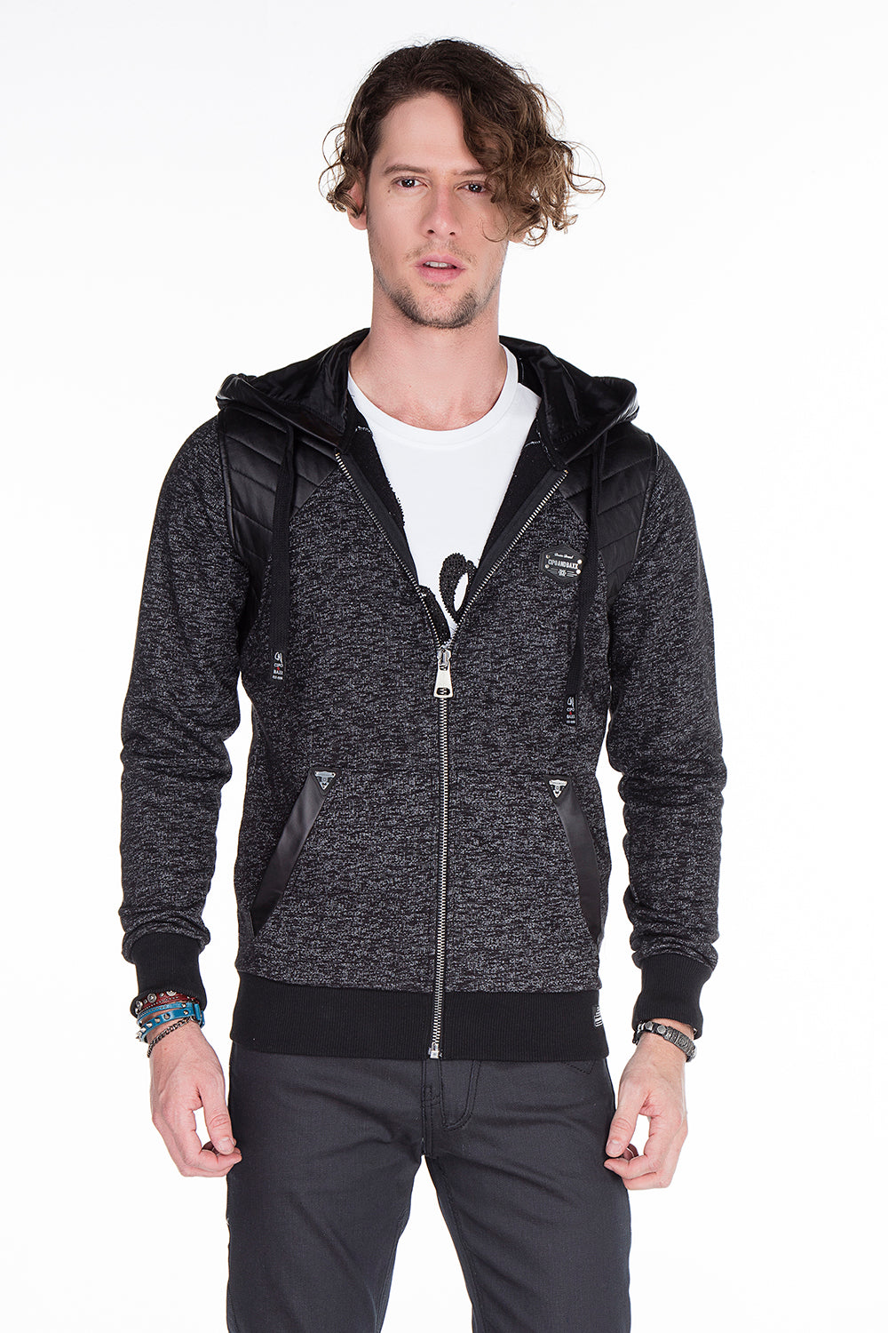 CL251 Herren Sweatjacke mit coolen Kunstlederapplikationen