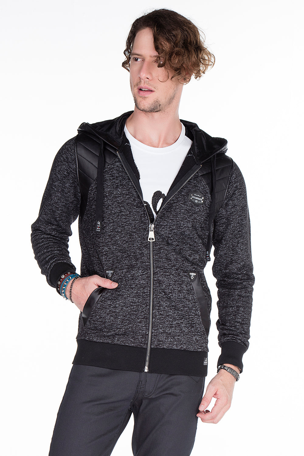 CL251 Herren Sweatjacke mit coolen Kunstlederapplikationen