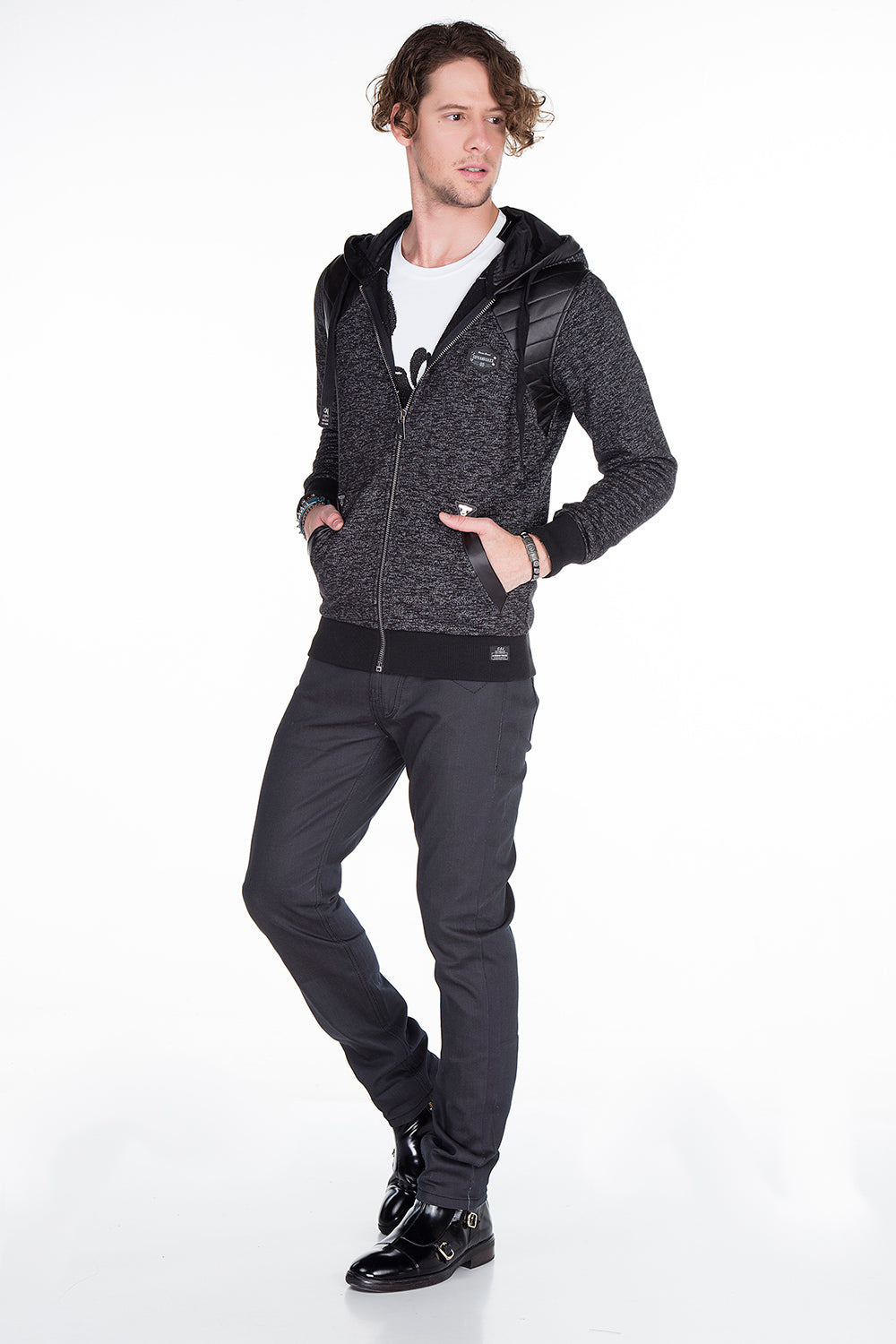 CL251 Herren Sweatjacke mit coolen Kunstlederapplikationen