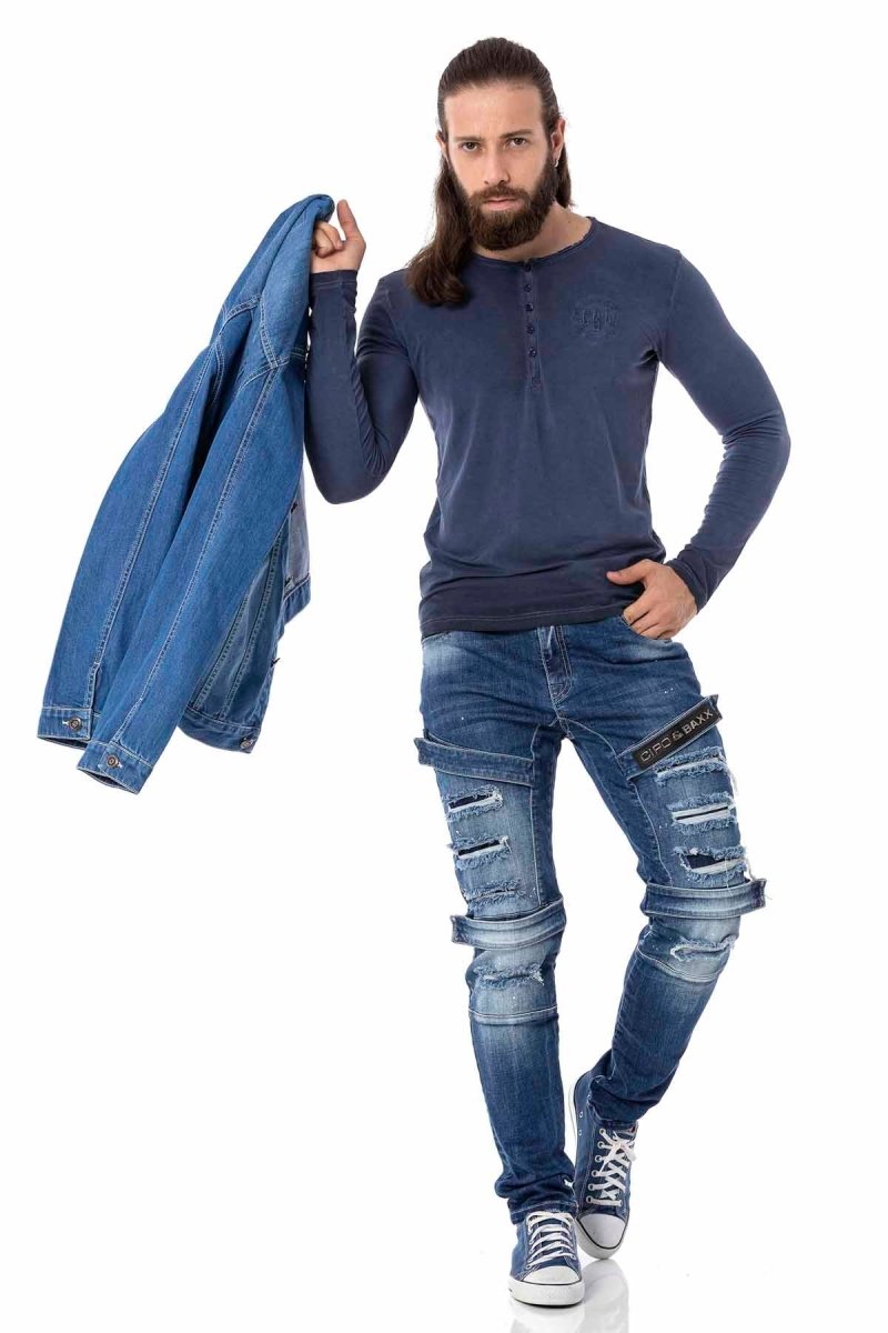 CL523 Herren Langarmshirt mit rendiger Markenstickerei