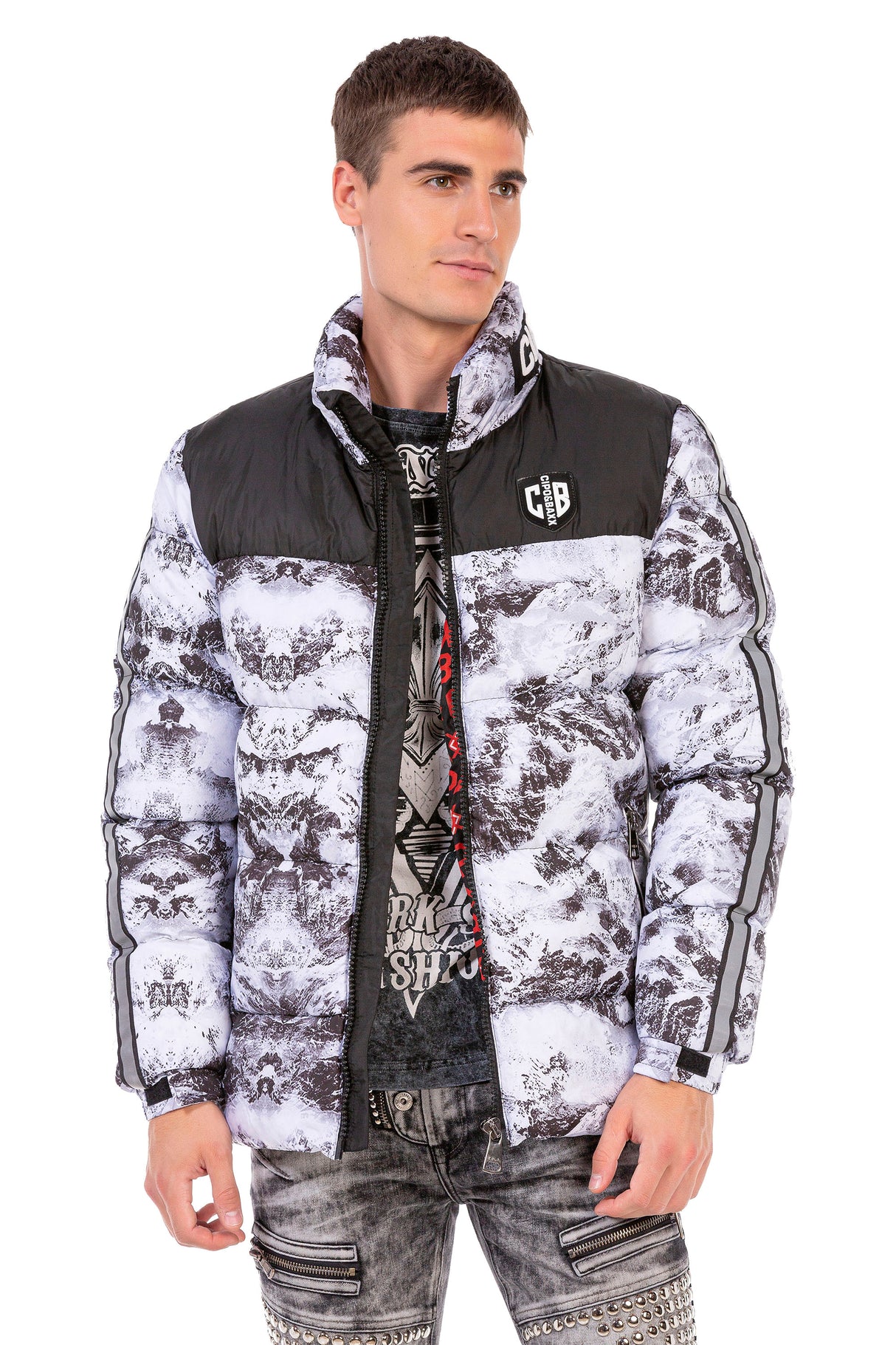 CM183 Herren Winterjacke – Urbaner Print-Look mit Markenfutter & isolierter Kapuze