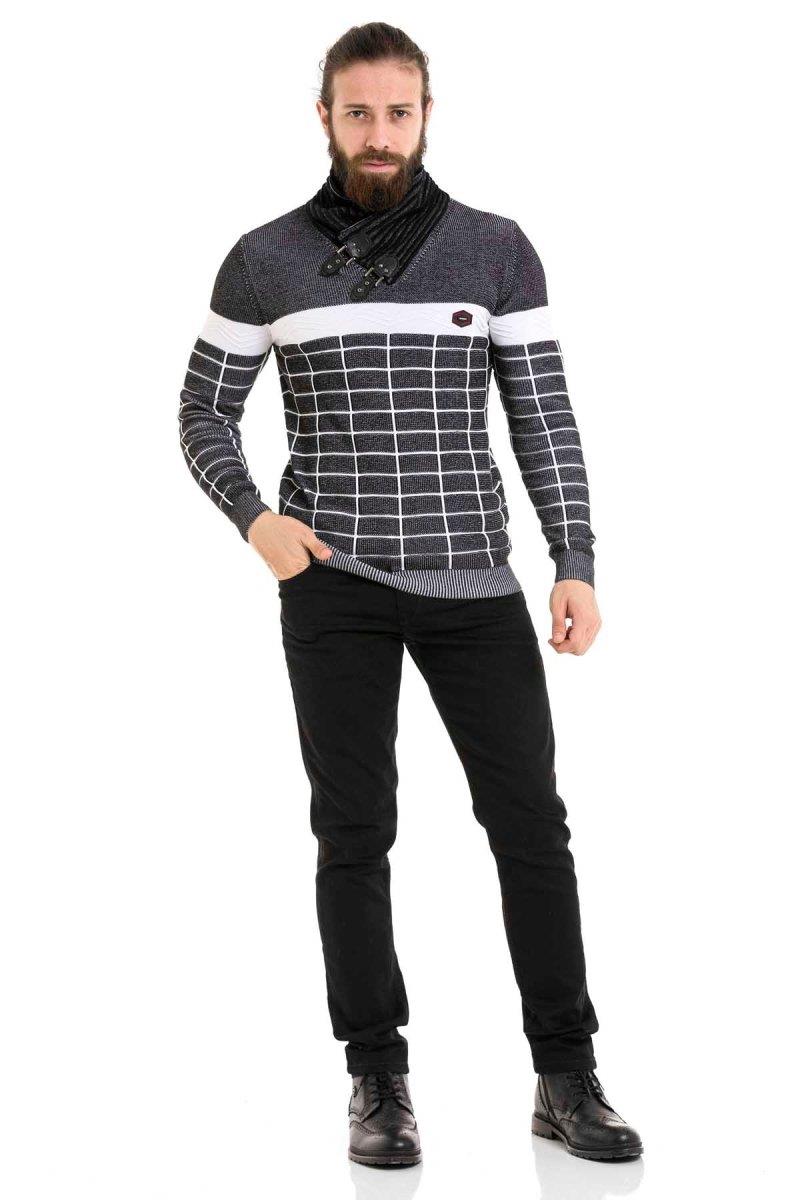 CP279 sweter męski z kołnierzem w modną kratę