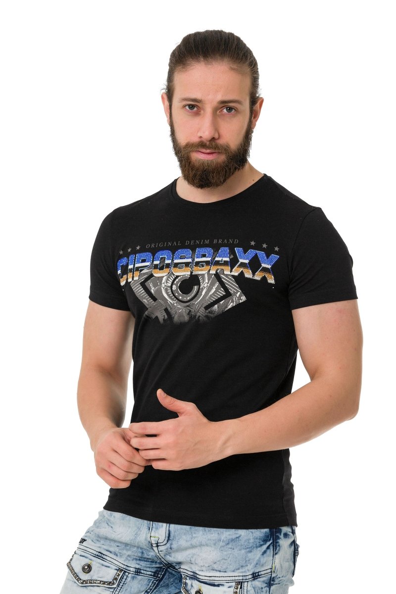 CT721 t-shirt męski z logo zdobiony kamieniami