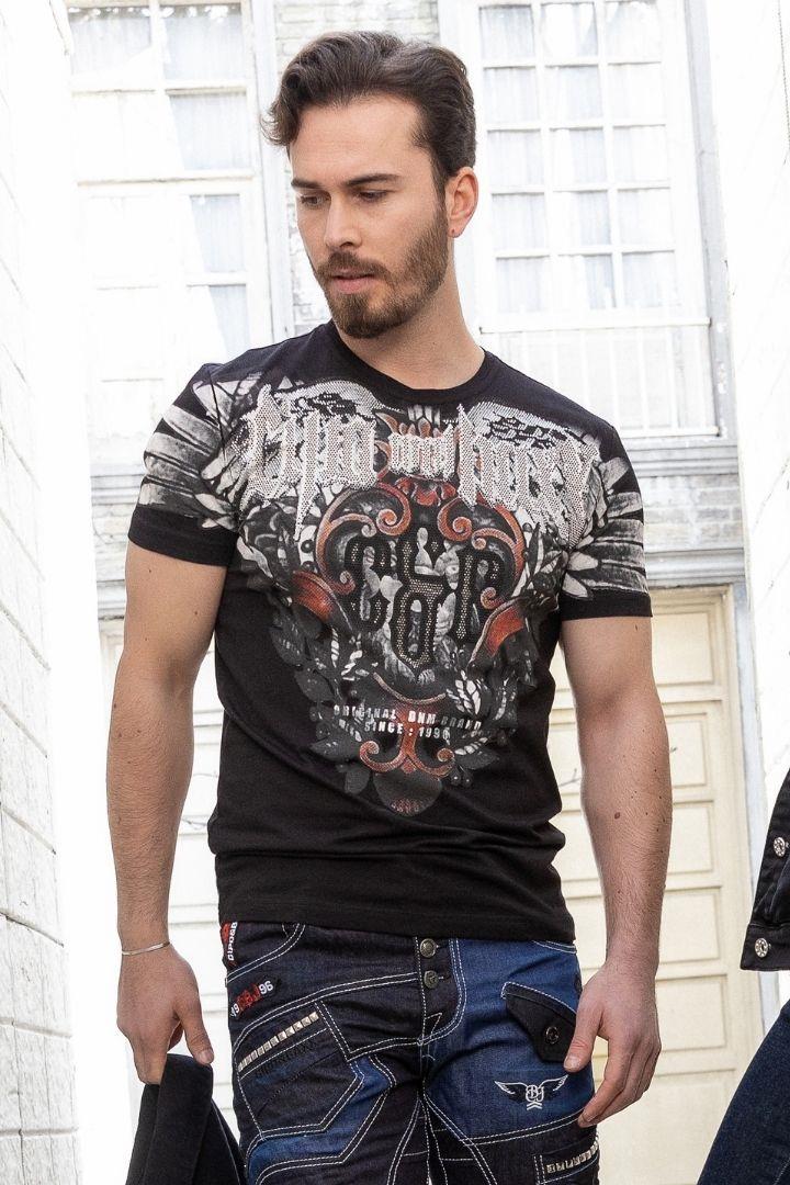 CT728 t-shirt męski z nadrukiem i kamieniami