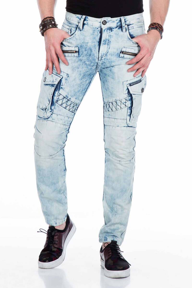 CD435 Heren Jeans in Cargo-Stijl met Decoratieve Ritssluitingen in Straight-Fit