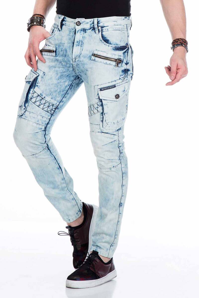 CD435 Heren Jeans in Cargo-Stijl met Decoratieve Ritssluitingen in Straight-Fit