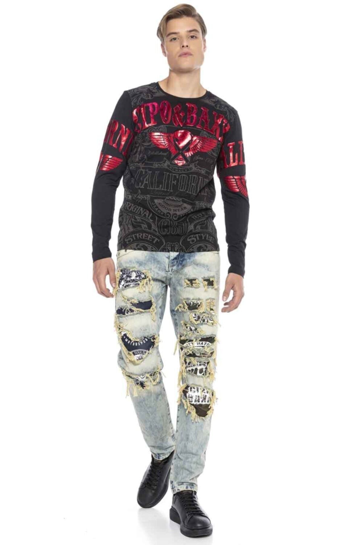 CD337 jeansy z dziurami i nadrukiem