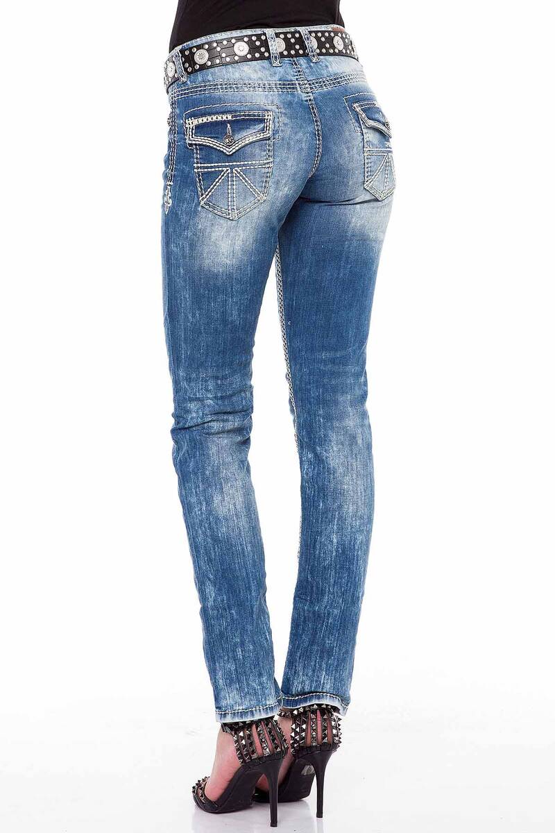 WD201 Jeans slim pour femme avec coutures blanches en coupe droite