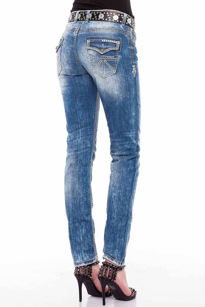 WD201 Damen Slim-Fit-Jeans mit weißen Nähten in Straight Fit