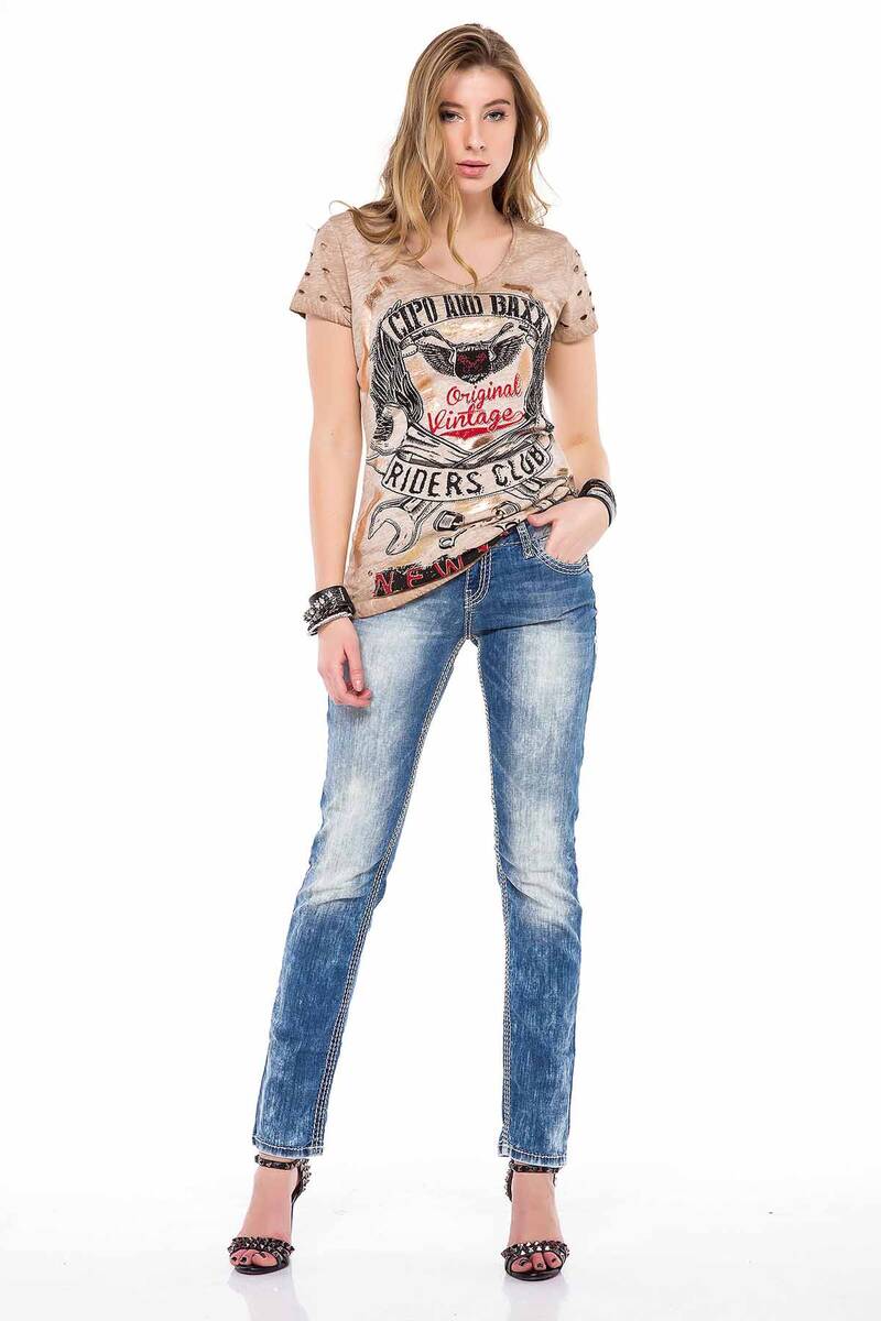 WD201 Damen Slim-Fit-Jeans mit weißen Nähten in Straight Fit