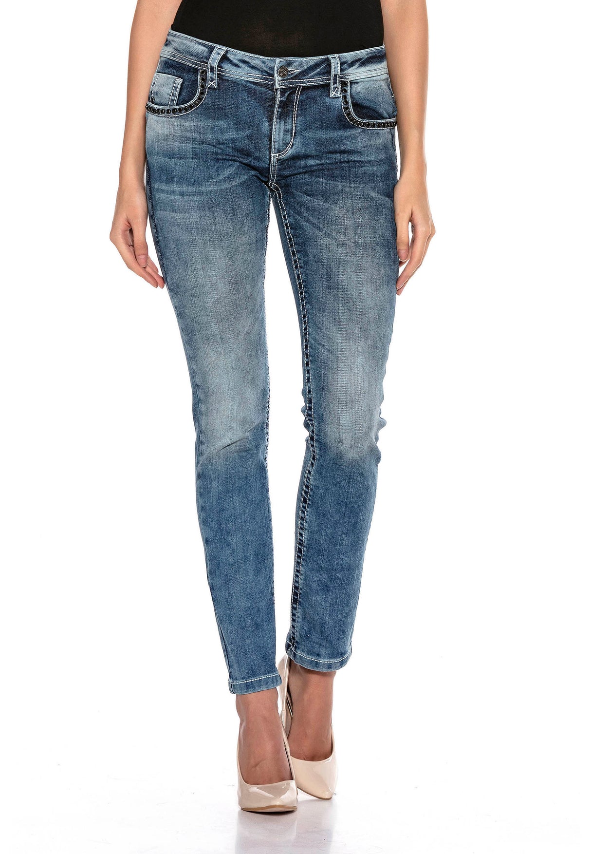 WD401–Damen Jeans mit Strass und Stickerei