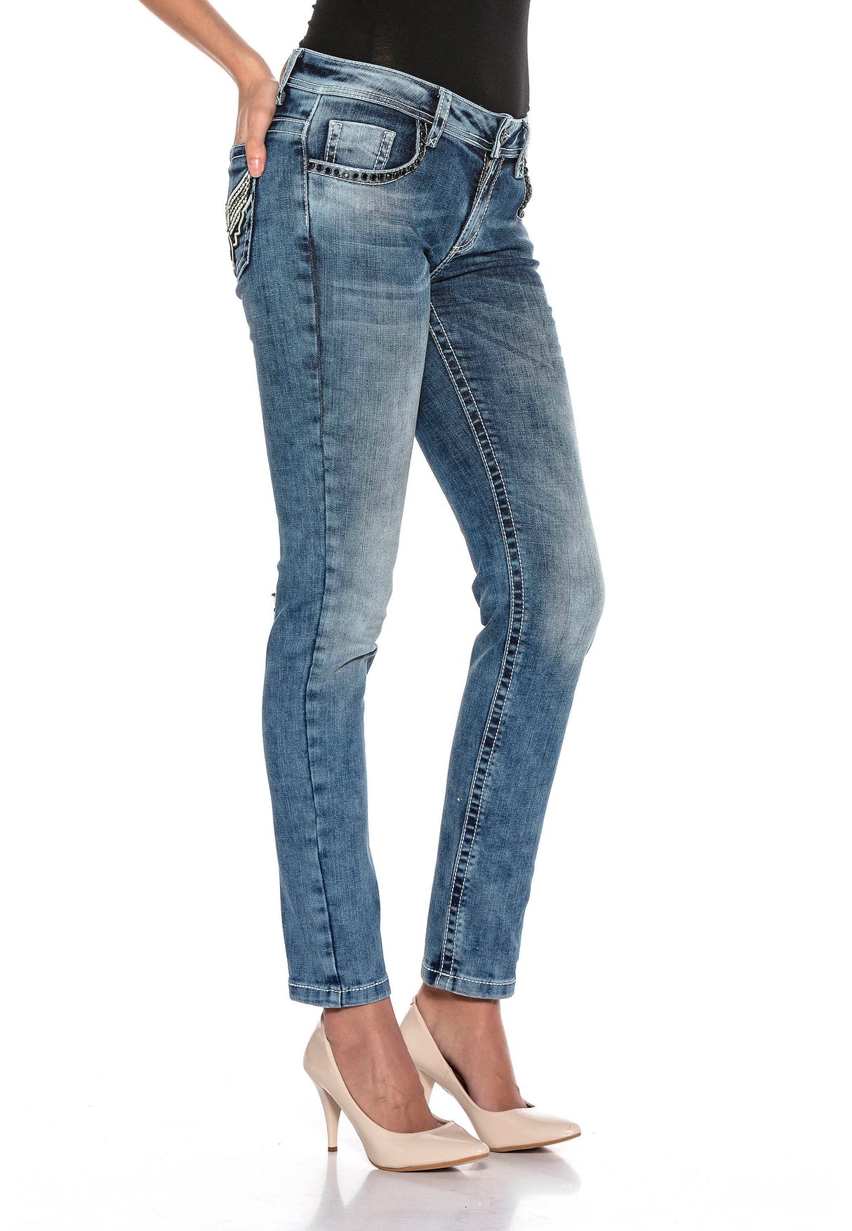 WD401–Damen Jeans mit Strass und Stickerei