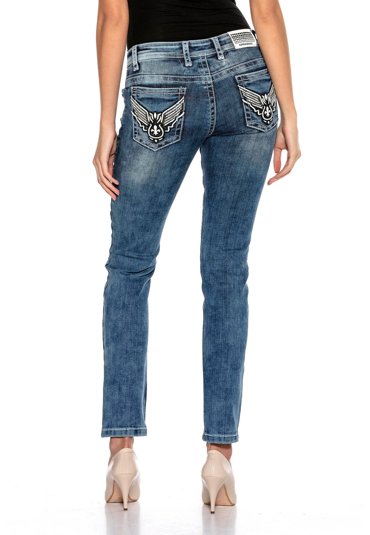WD401–Damen Jeans mit Strass und Stickerei