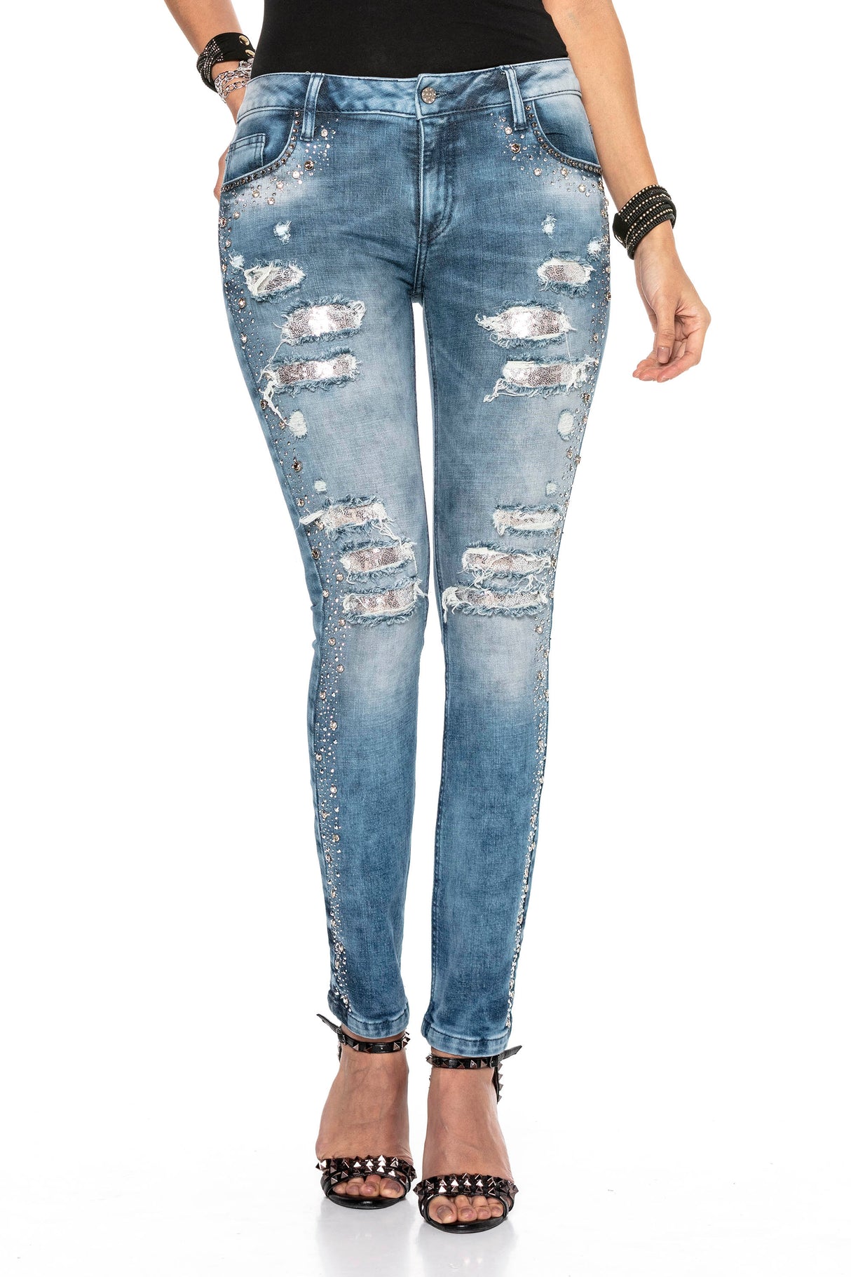 WD406 Damen Jeans – Strass-Destroyed-Style mit besonderer Waschung