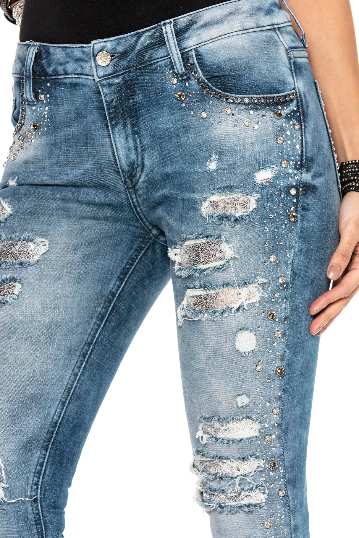 WD406 Damen Jeans – Strass-Destroyed-Style mit besonderer Waschung