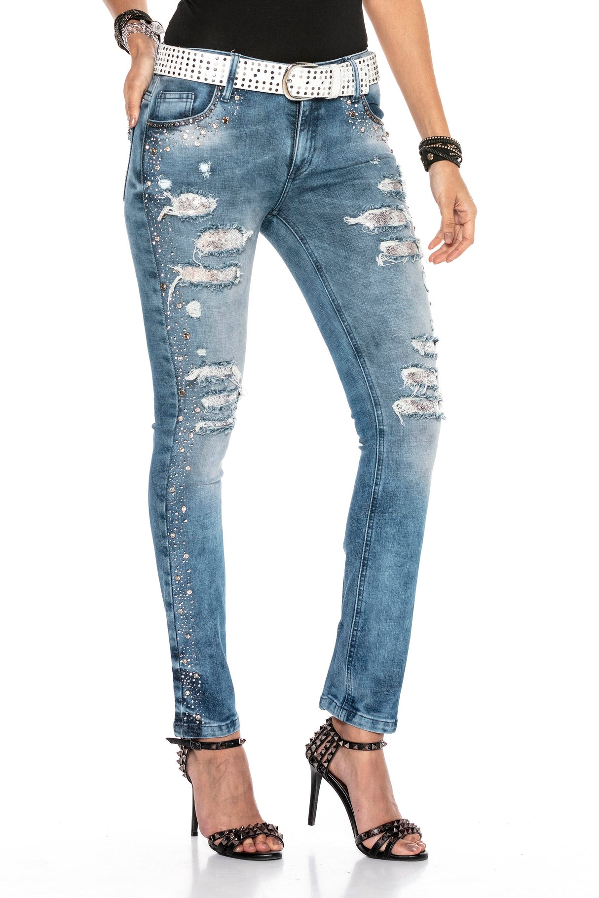WD406 Damen Jeans – Strass-Destroyed-Style mit besonderer Waschung