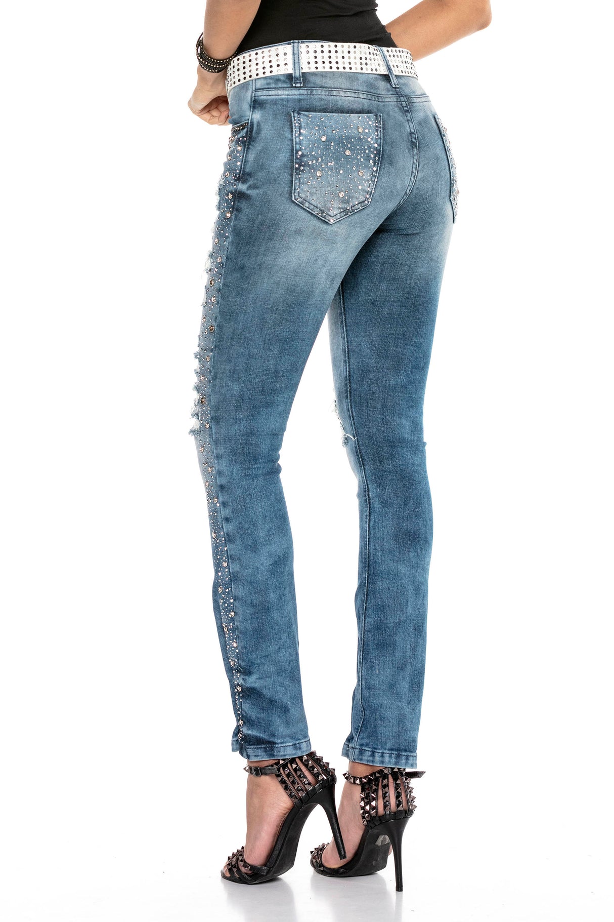 WD406 Damen Jeans – Strass-Destroyed-Style mit besonderer Waschung