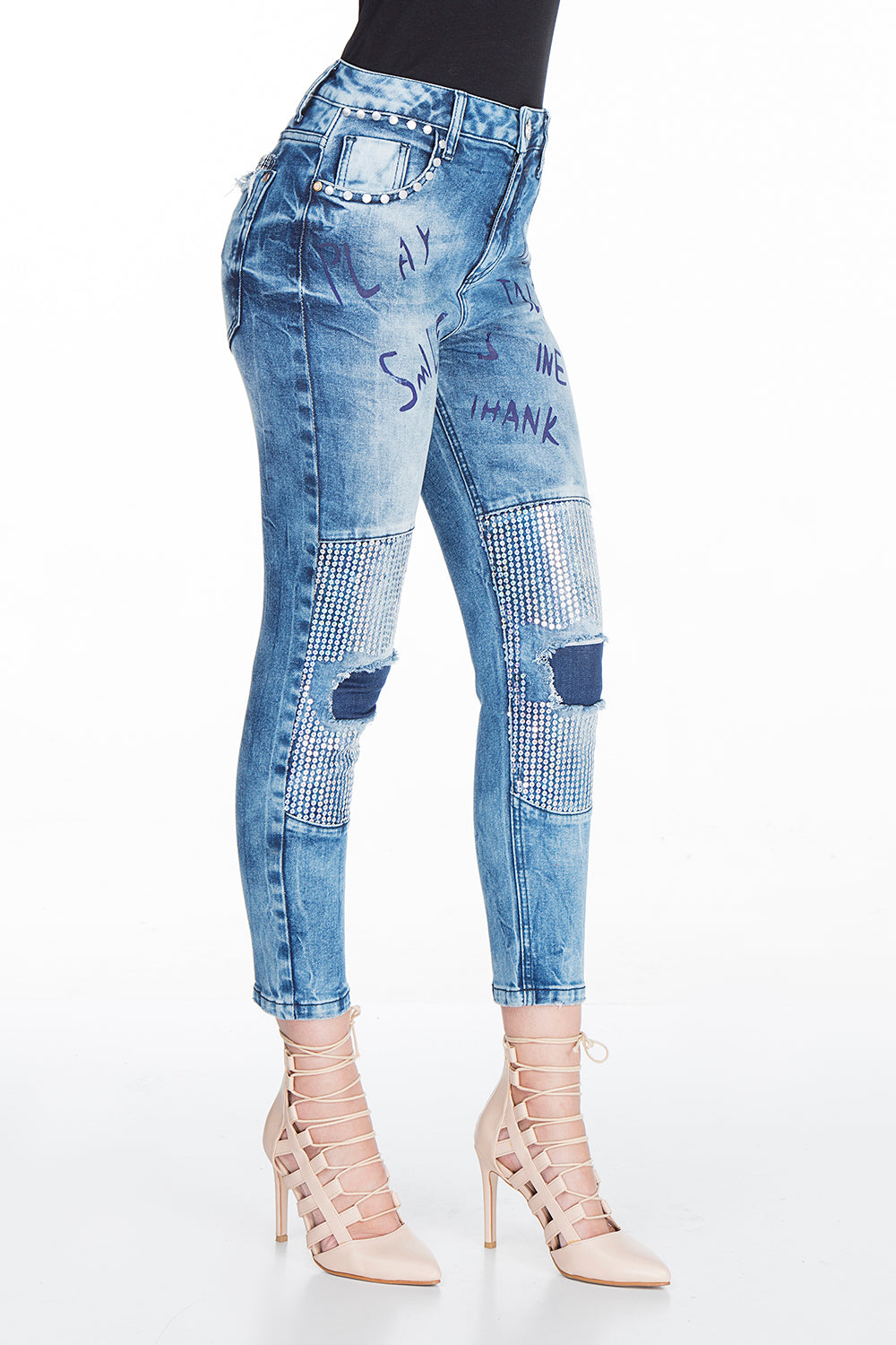 WD314 jeansy damskie 7/8 spodnie z błyszczącymi detalami cekinowymi