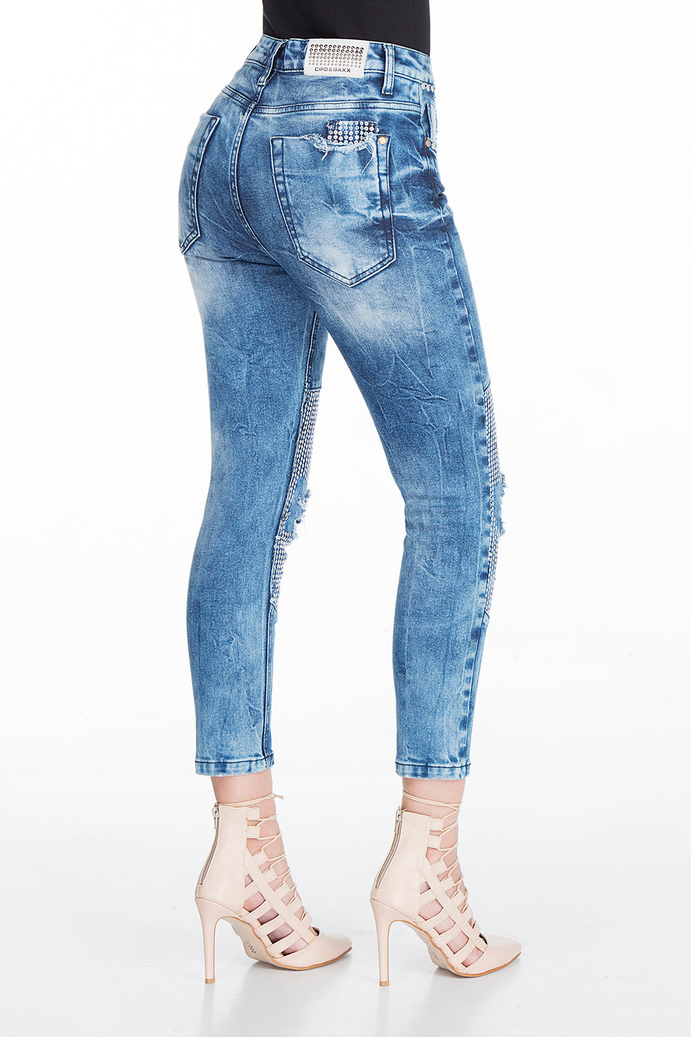 WD314 jeansy damskie 7/8 spodnie z błyszczącymi detalami cekinowymi