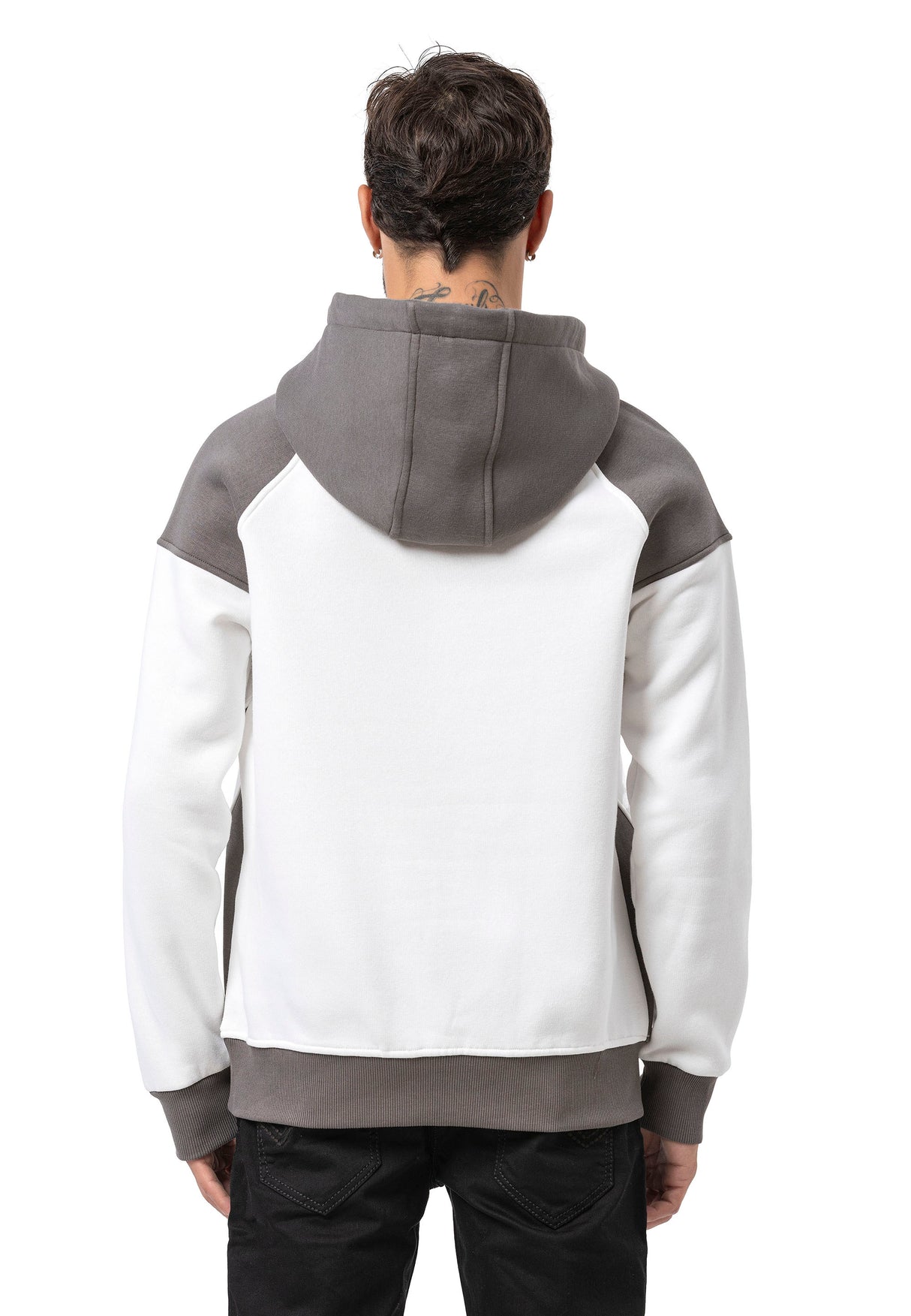 CL591 Herren Hoodie Sweatshirt – Zweifarbiger Kapuzenpullover in Ecru & Dunkelgrau mit Kontrastdetails | Stylischer Alltagslook mit Fronttasche