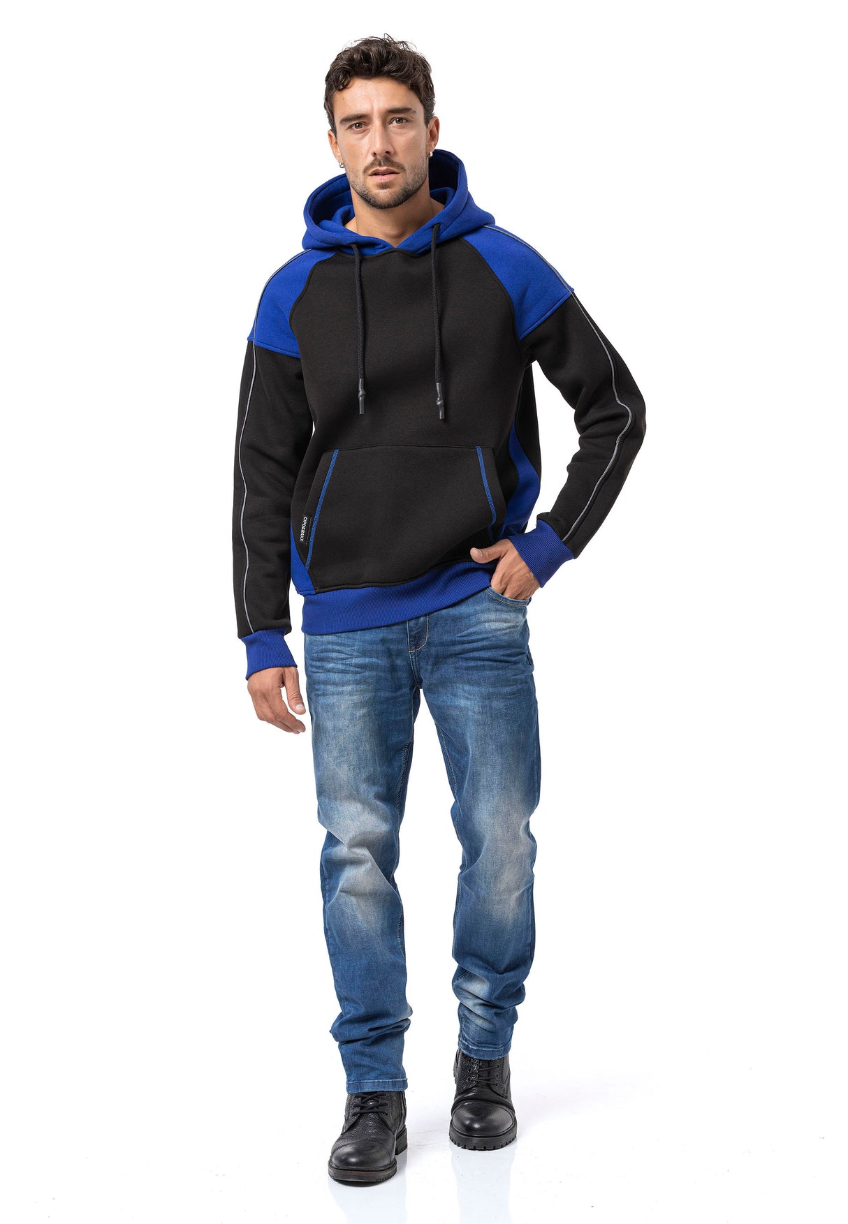 CL591 Herren Hoodie Sweatshirt – Zweifarbiger Kapuzenpullover in Ecru & Dunkelgrau mit Kontrastdetails | Stylischer Alltagslook mit Fronttasche