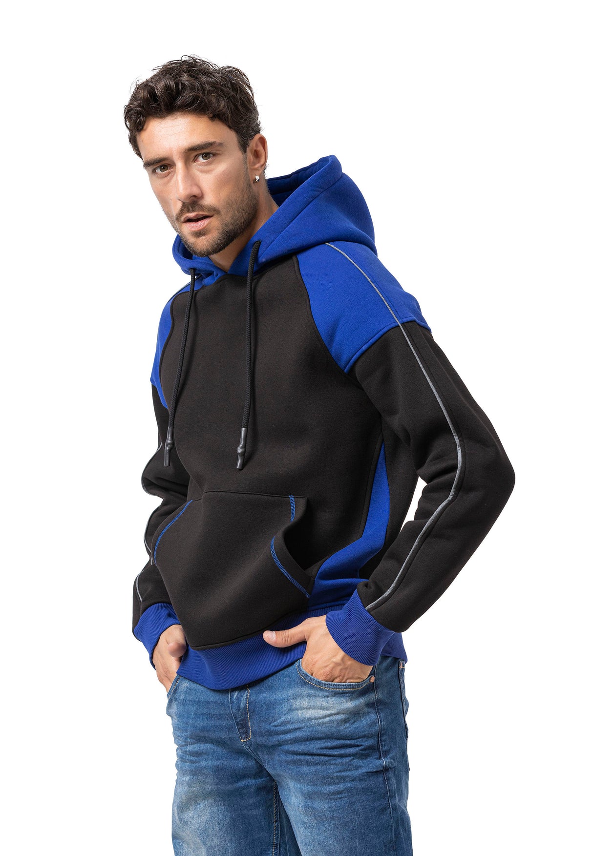 CL591 Herren Hoodie Sweatshirt – Zweifarbiger Kapuzenpullover in Ecru & Dunkelgrau mit Kontrastdetails | Stylischer Alltagslook mit Fronttasche
