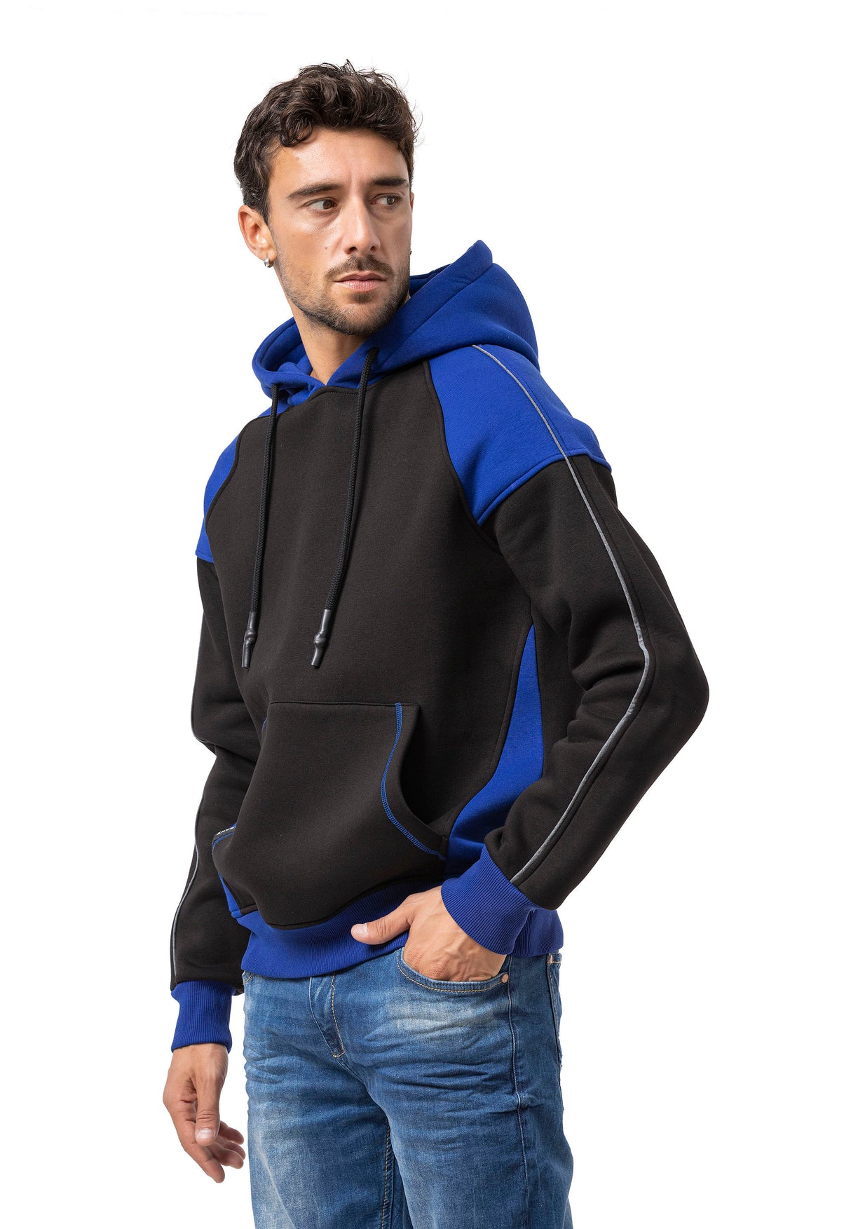 CL591 Herren Hoodie Sweatshirt – Zweifarbiger Kapuzenpullover in Ecru & Dunkelgrau mit Kontrastdetails | Stylischer Alltagslook mit Fronttasche