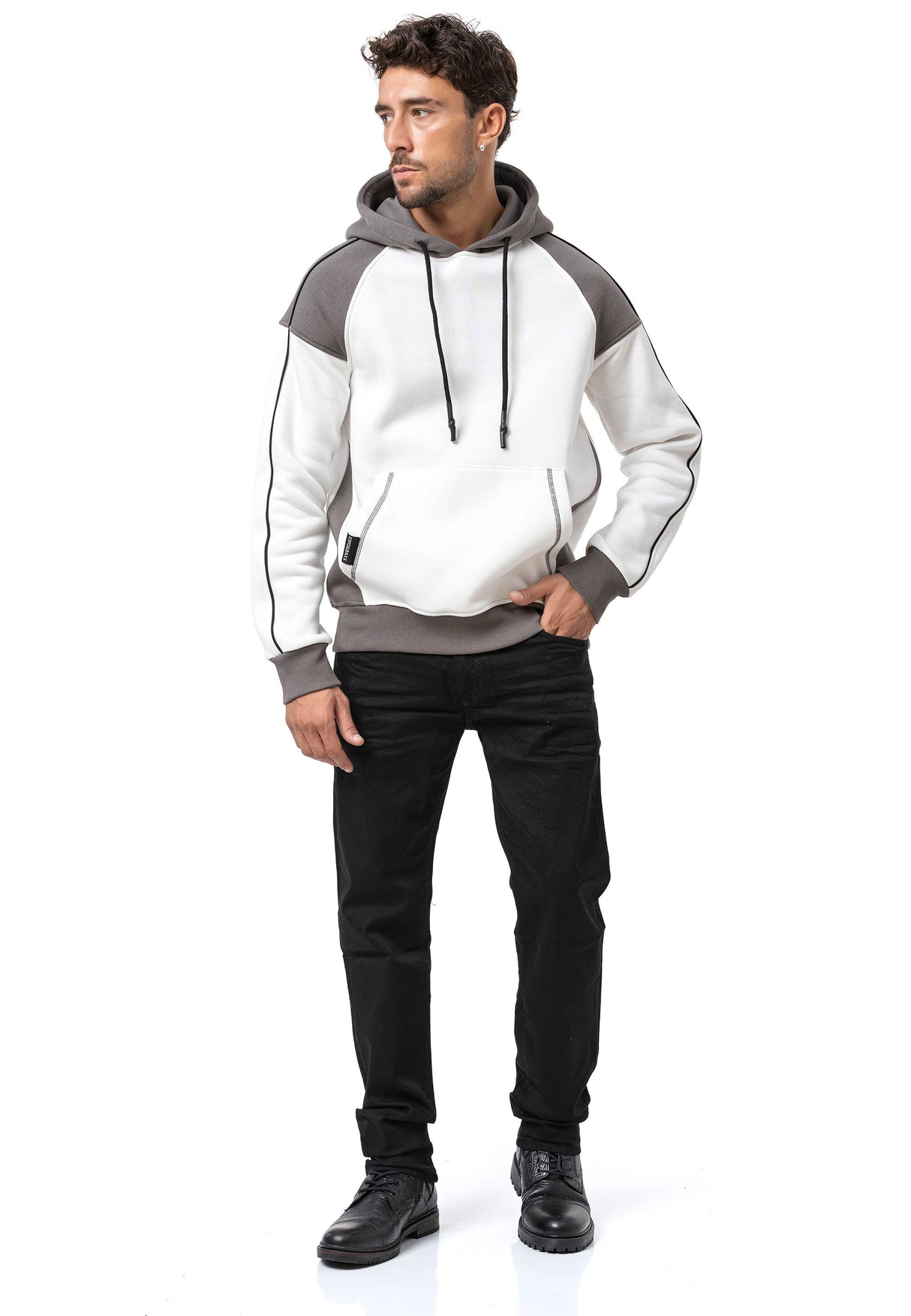 CL591 Herren Hoodie Sweatshirt – Zweifarbiger Kapuzenpullover in Ecru & Dunkelgrau mit Kontrastdetails | Stylischer Alltagslook mit Fronttasche